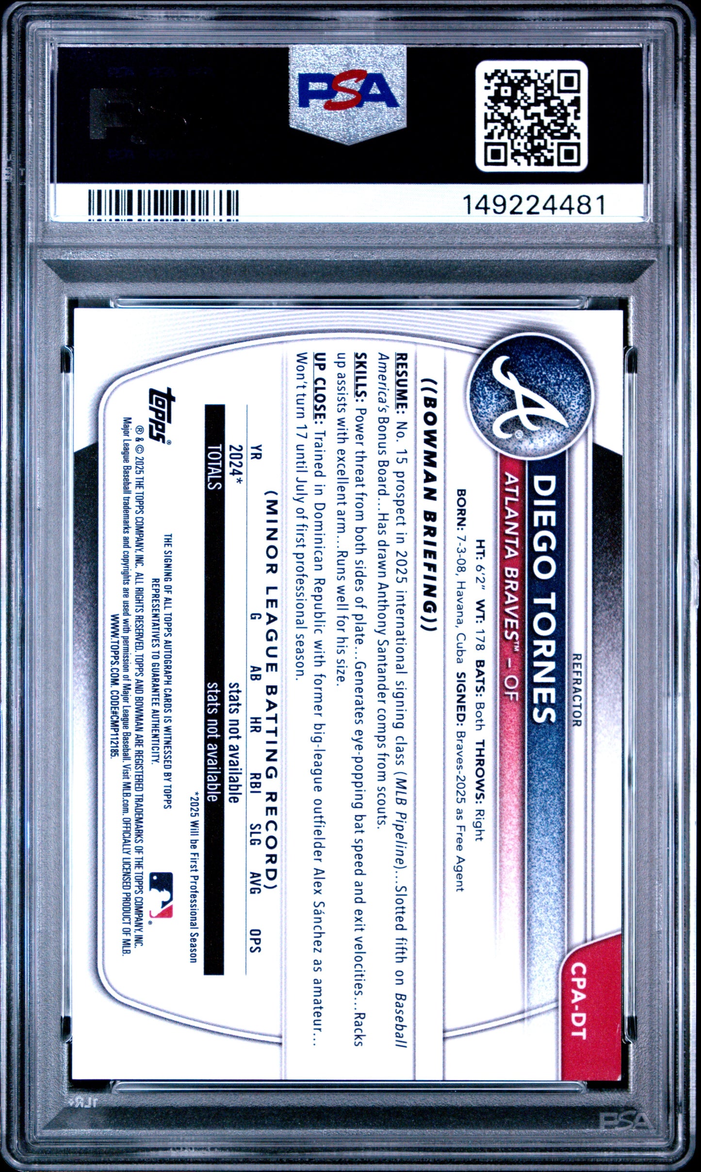 2025 Bowman Chrome Prospect Autographs Diego Tornes #CPADT Refractor /499 PSA 9