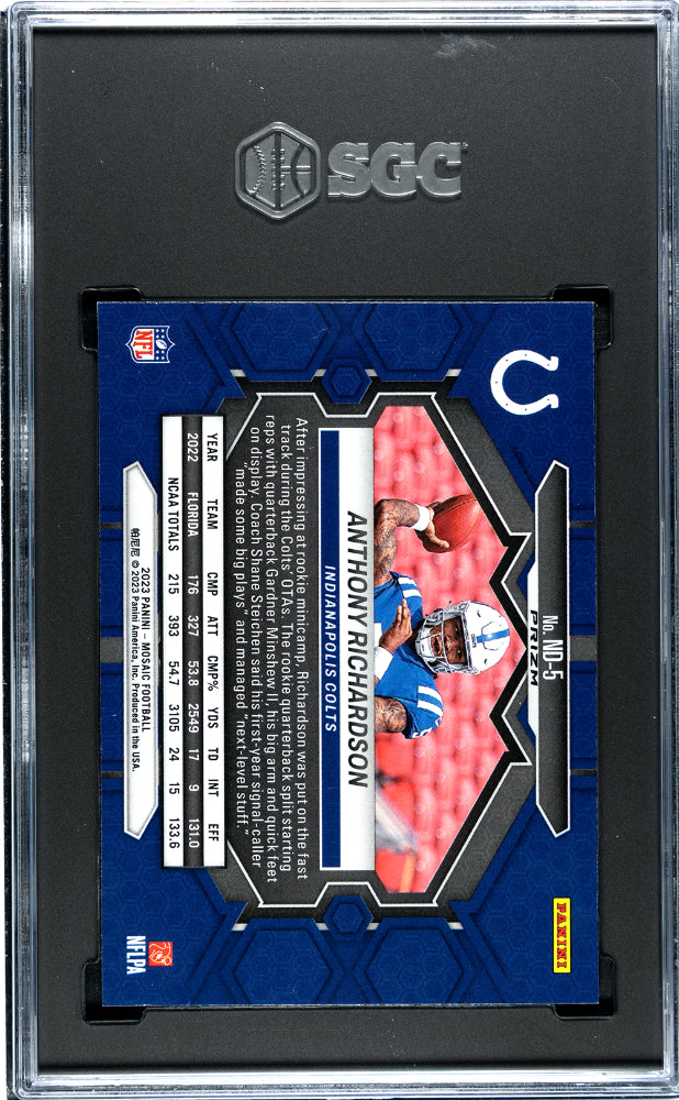 2023 Panini Mosaic Anthony Richardson #ND-5 NFL Debut Pink Camo Prizm SGC 10