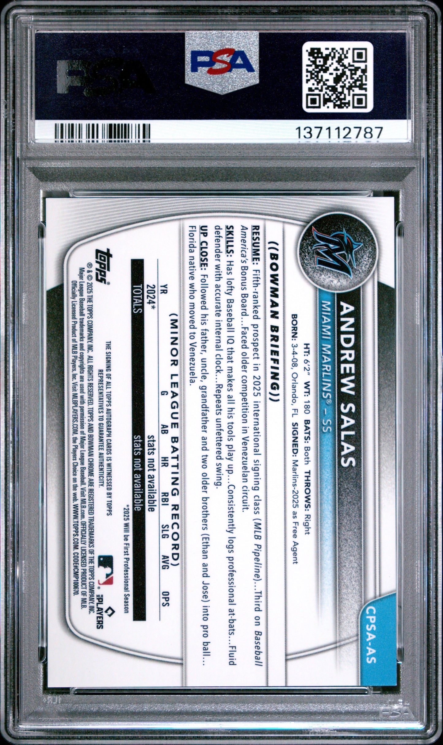 2025 Bowman Chrome Sapphire Edition Prospects Auto Andrew Salas #AS 137/199
