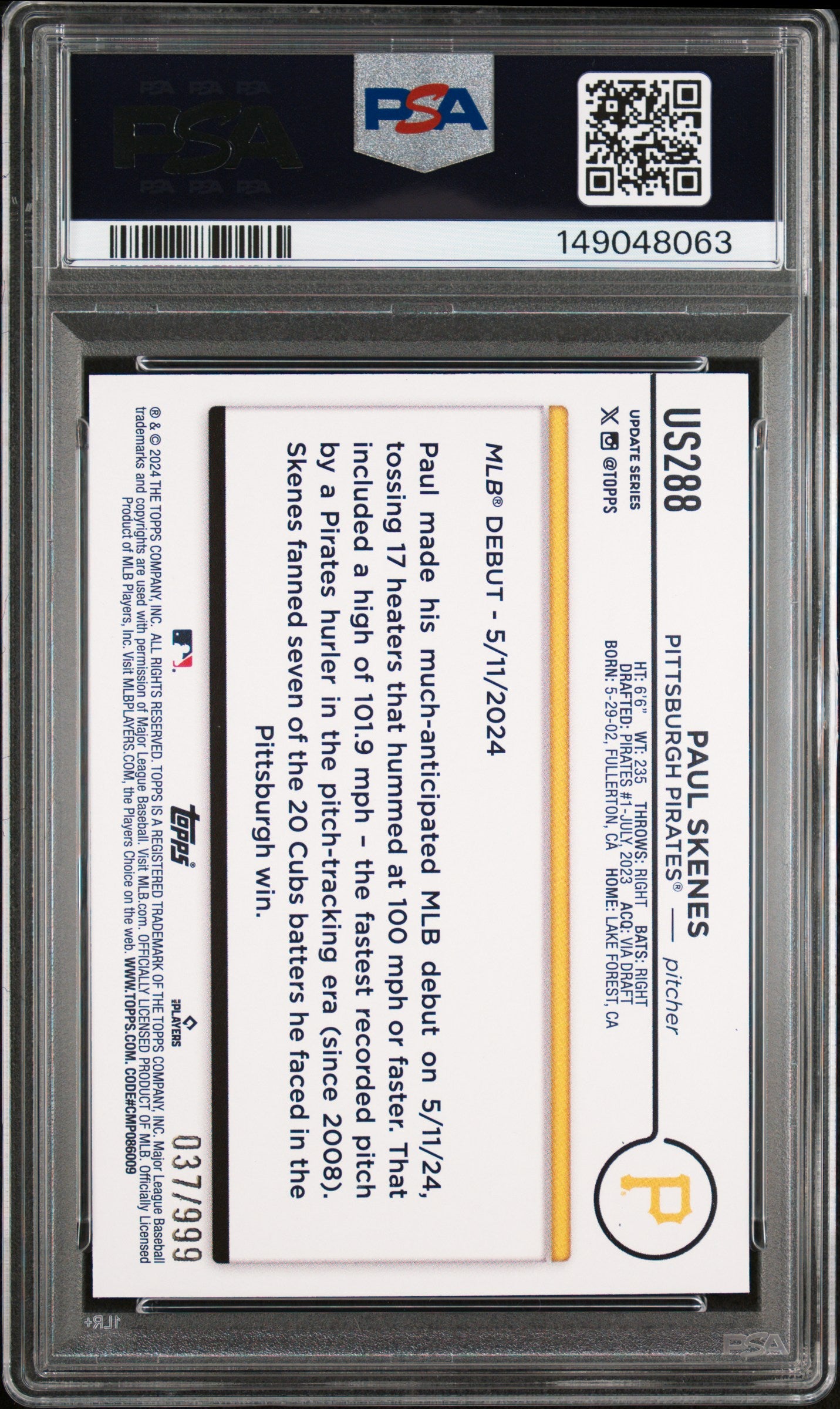 2024 Topps Update Paul Skenes #US288 Blue Holo Foilboard 037/999 PSA 10