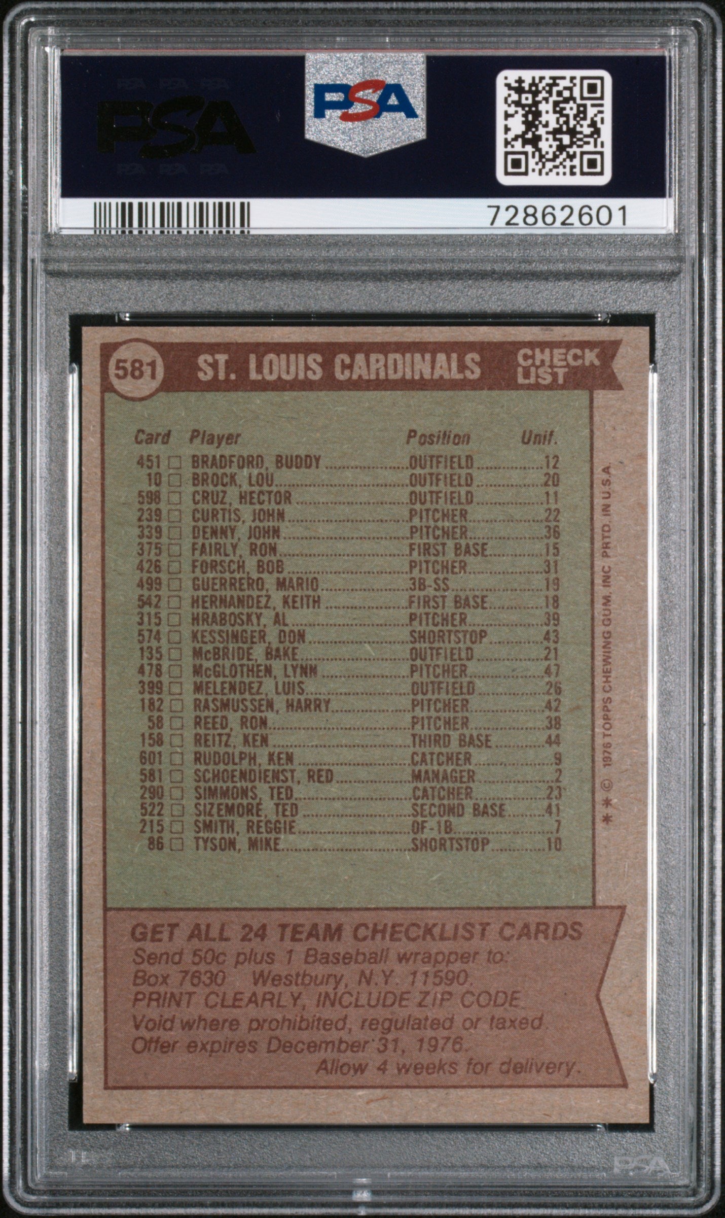 1976 Topps Baseball St. Louis Cardinals #581 PSA 10