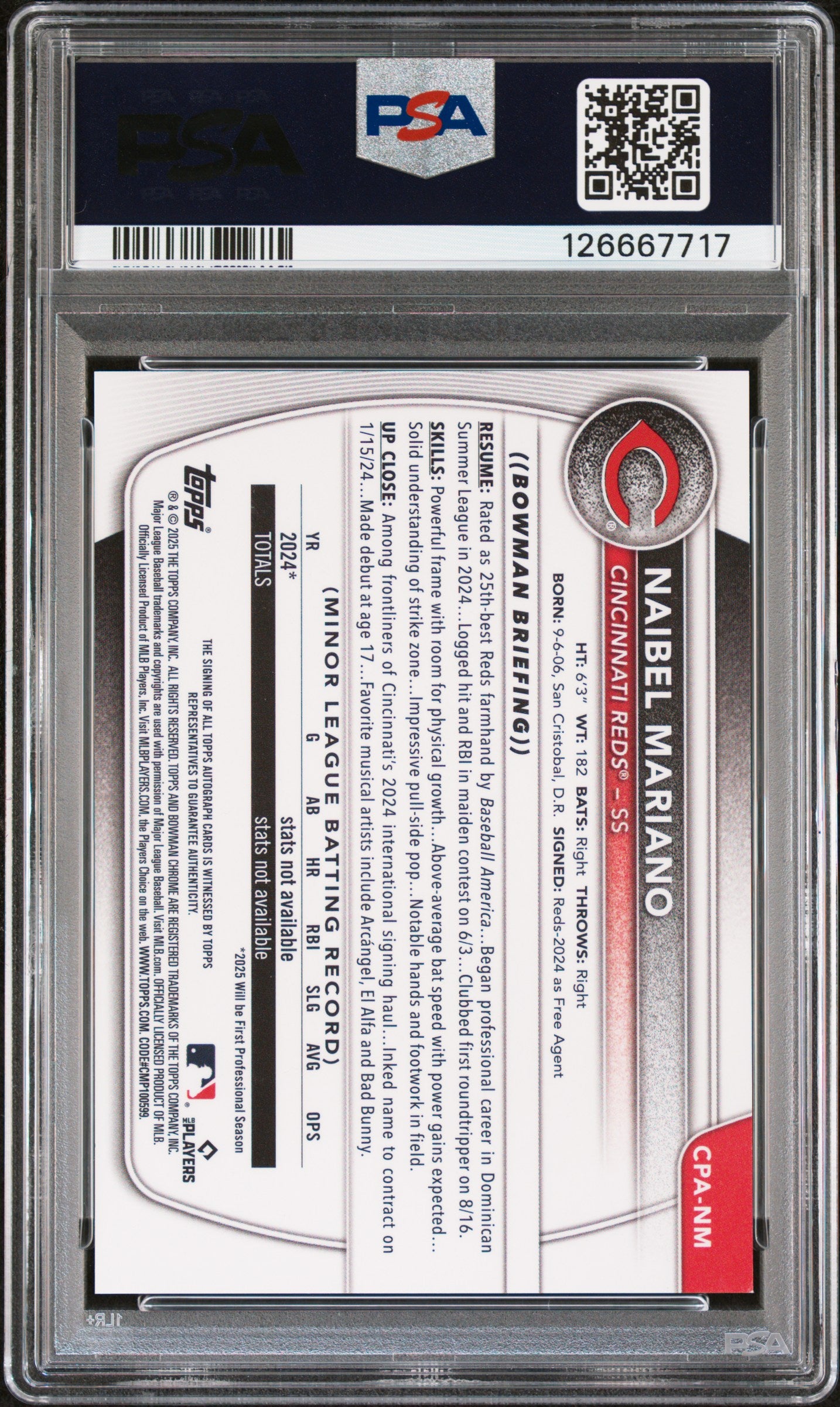 2025 Bowman Chrome Prospect Autograph Naibel Mariano #NM Green Shim 39/99 PSA 10