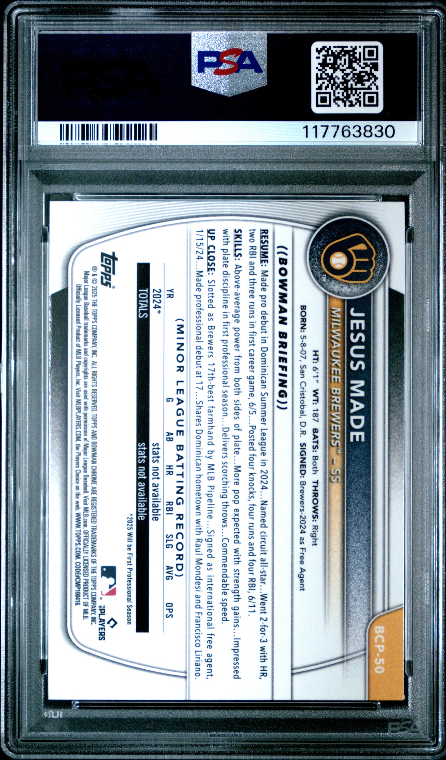 2025 Bowman Chrome Prospects Jesus Made #BCP50 Reptilian Ref PSA 10