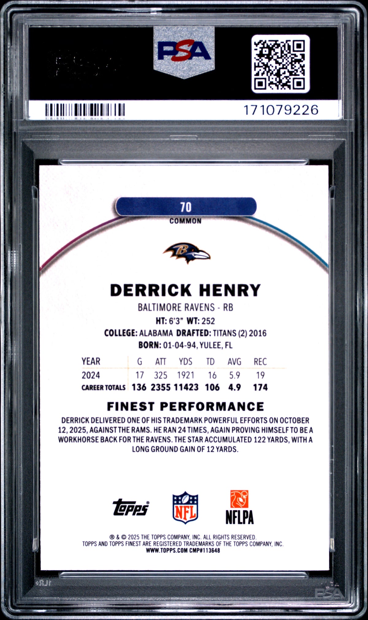 2025 Topps Finest Derrick Henry #70 Blue X-Fractor 54/99 PSA 10