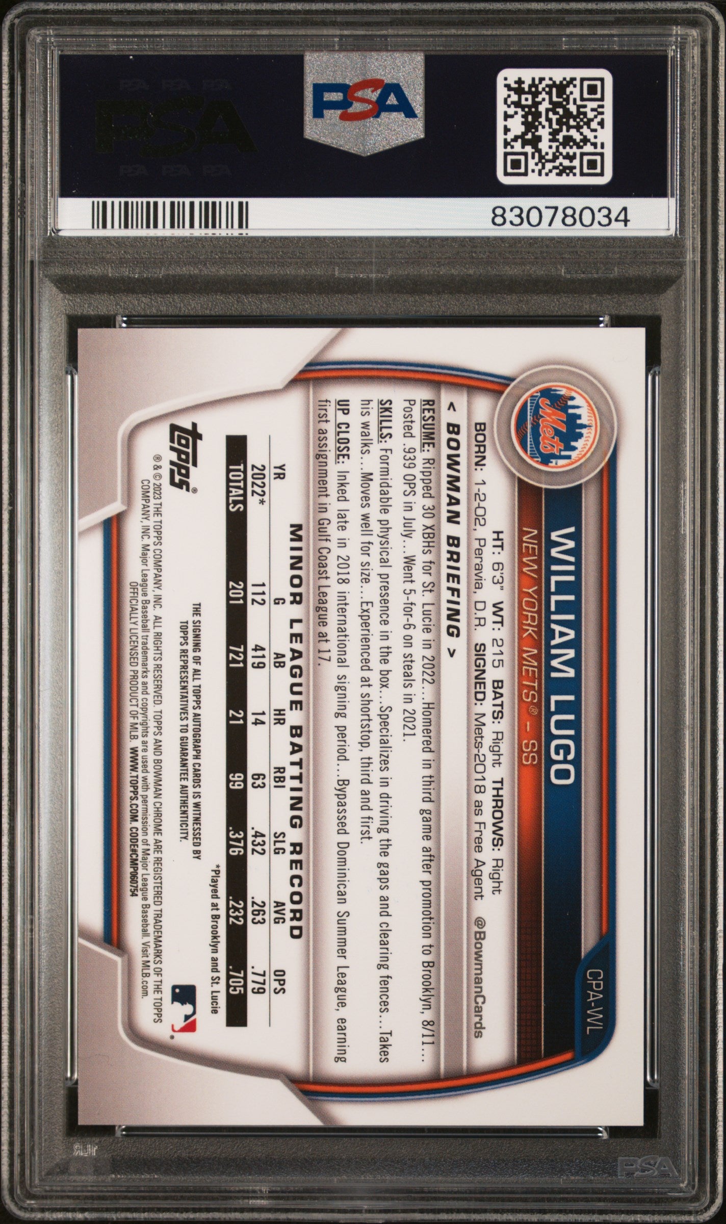 2023 Bowman Chrome Prospect Autograph William Lugo #WL Purple Ref 131/250 PSA 10