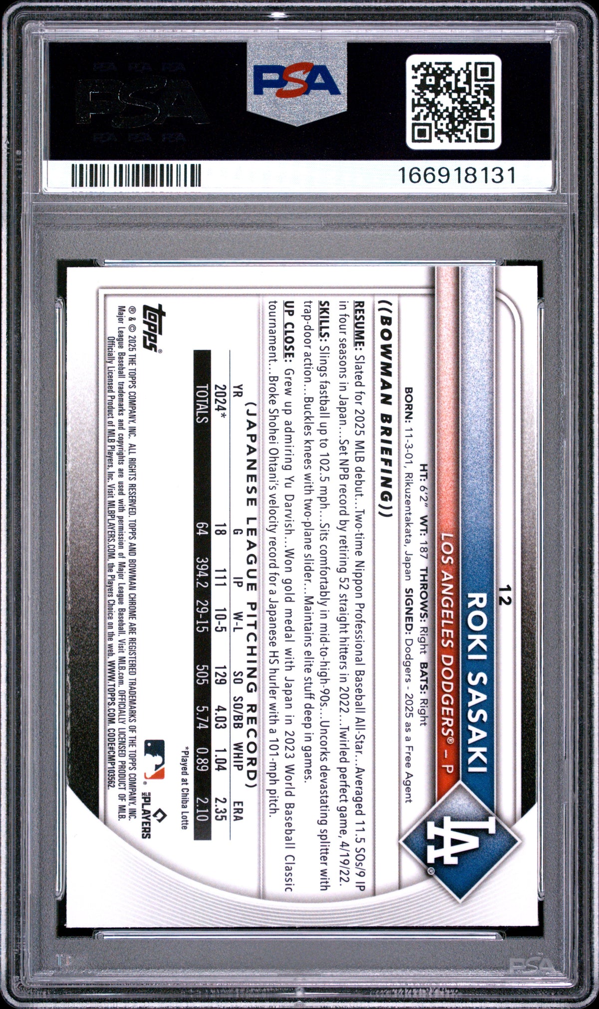 2025 Bowman Mega Box Chrome Roki Sasaki #12 RC PSA 10