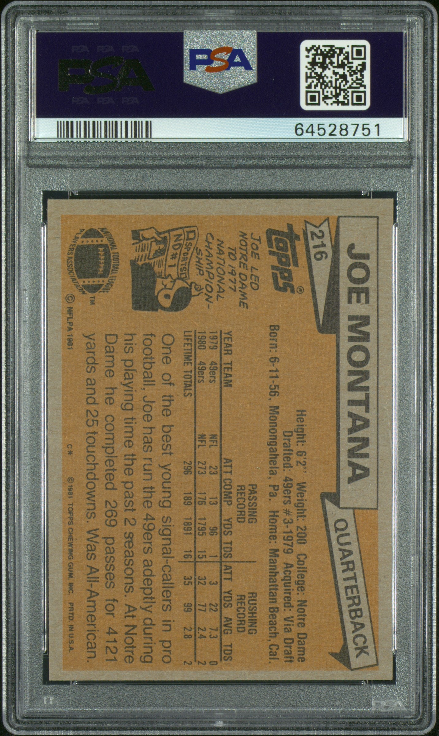 1981 Topps Joe Montana #216 PSA 7