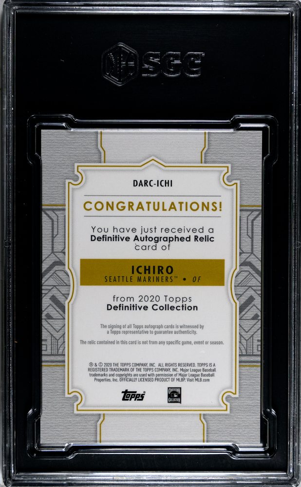 2020 Topps Definitive Ichiro Suzuki #DARC-ICHI Auto Relic 05/15 SGC 10 Auto 10