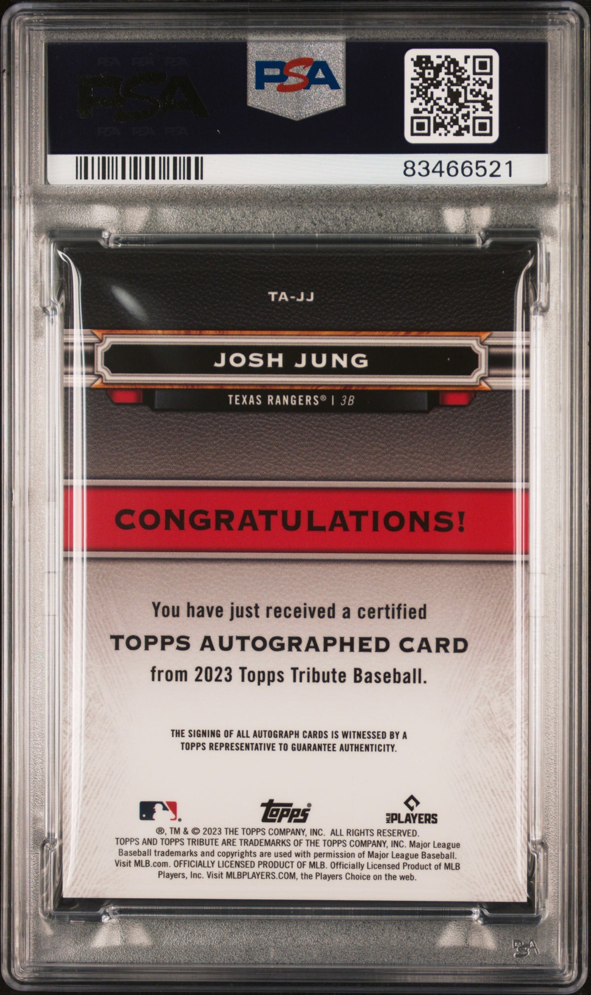 2023 Topps Tribute Tribute Autograph Josh Jung #TAJJ Purple 14/50 PSA 9
