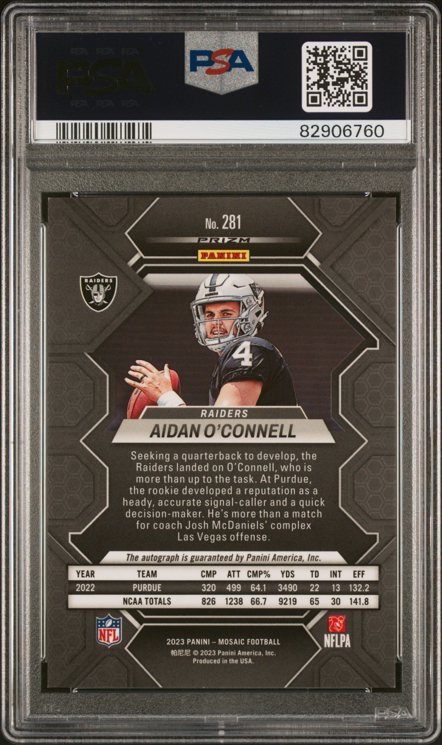 2023 Panini Mosaic Aidan O'Connell Autograph Rookie Prizm PSA 9