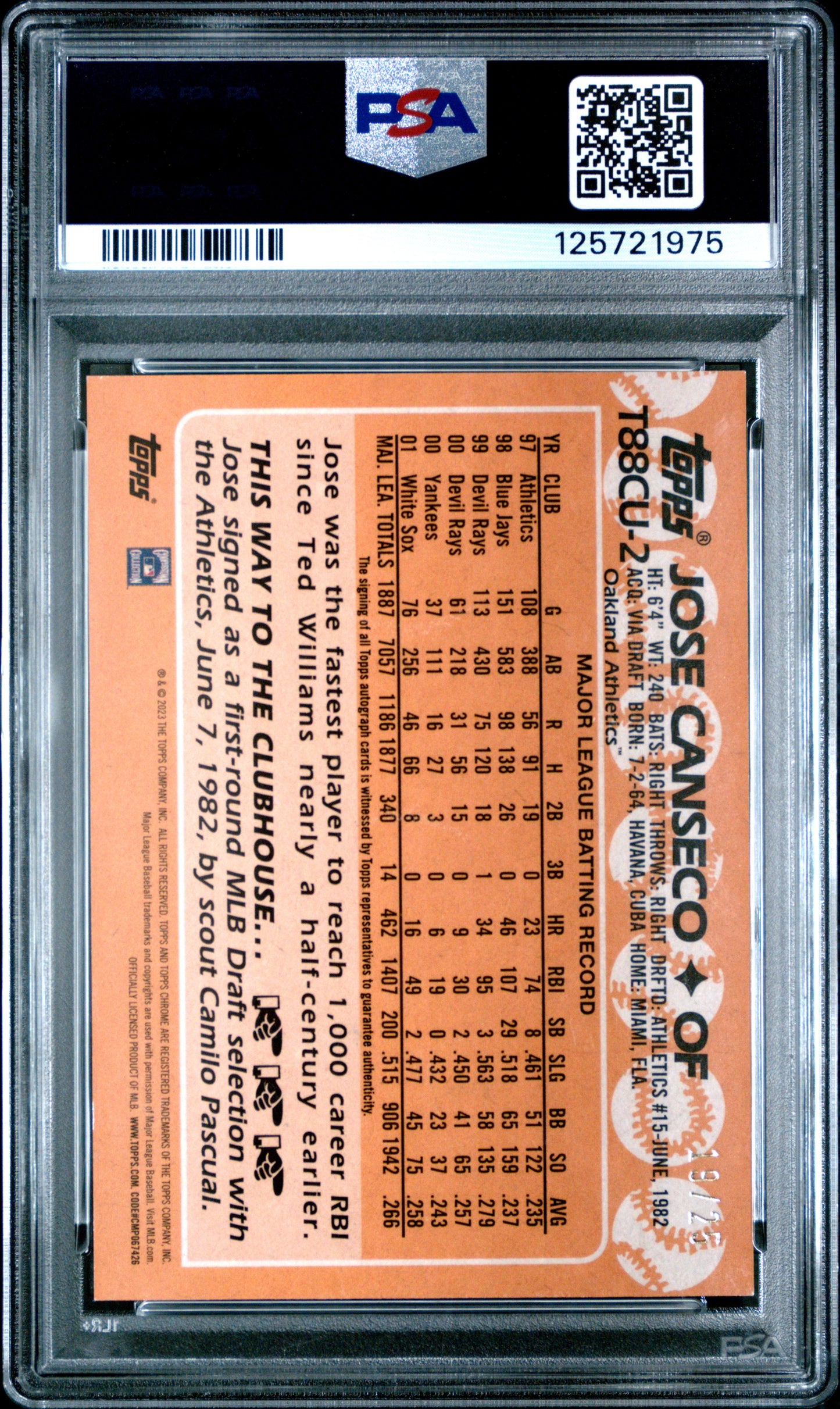2023 Topps Silver Pack 1988 Chrome Promo Jose Canseco Auto Orange 19/25 PSA 8