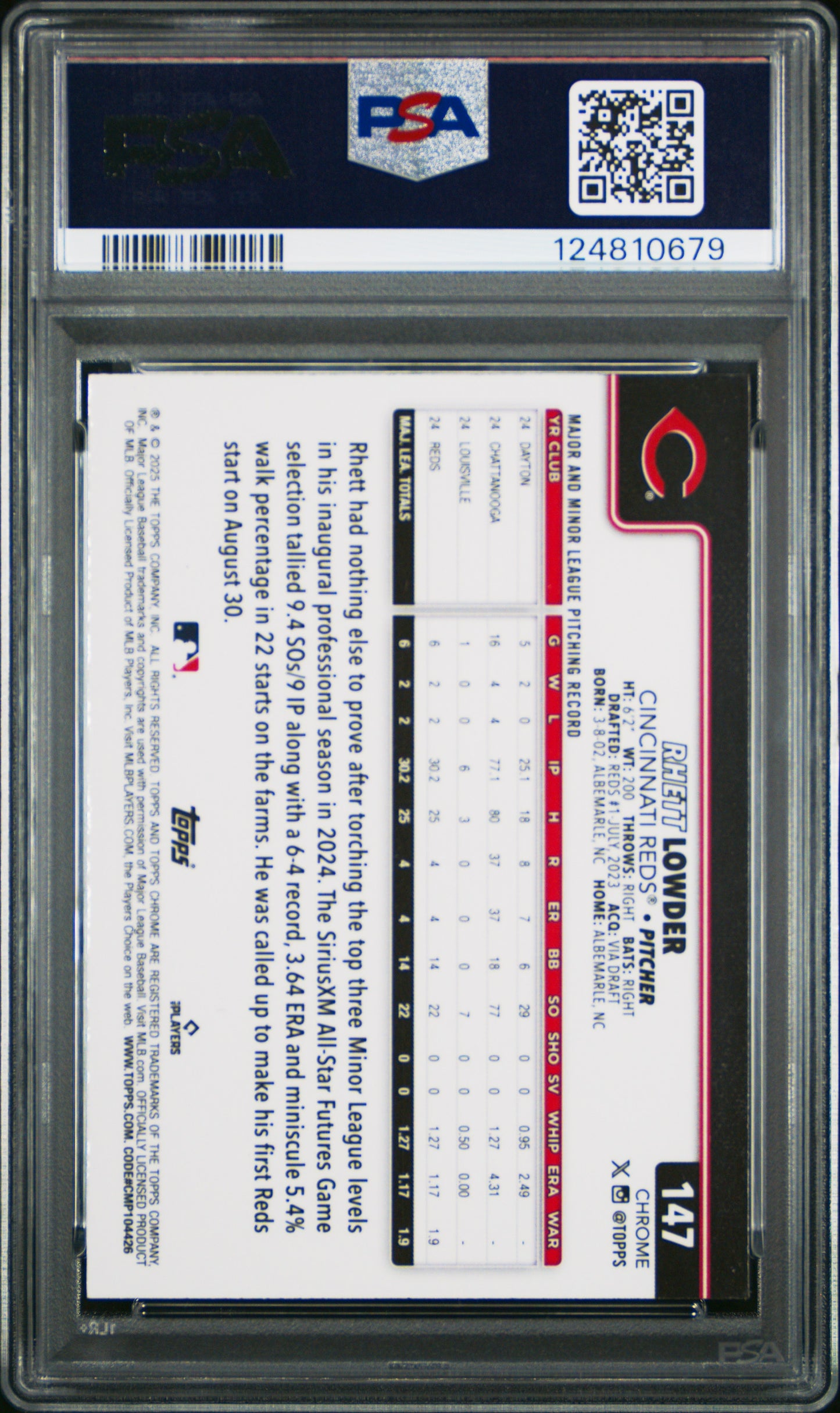 2025 Topps Chrome Rhett Lowder #147 Blue Refractor 061/150 PSA 10