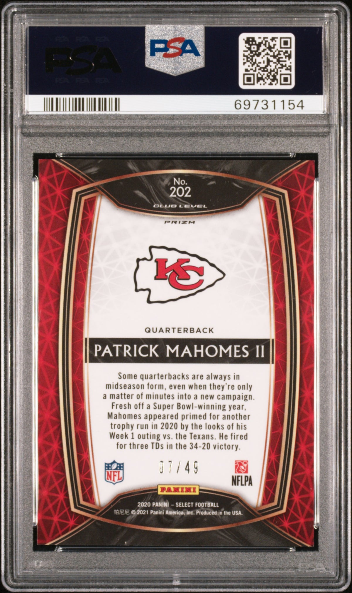 2020 Panini Select Patrick Mahomes II #202 Red Prizm 07/49 PSA 9