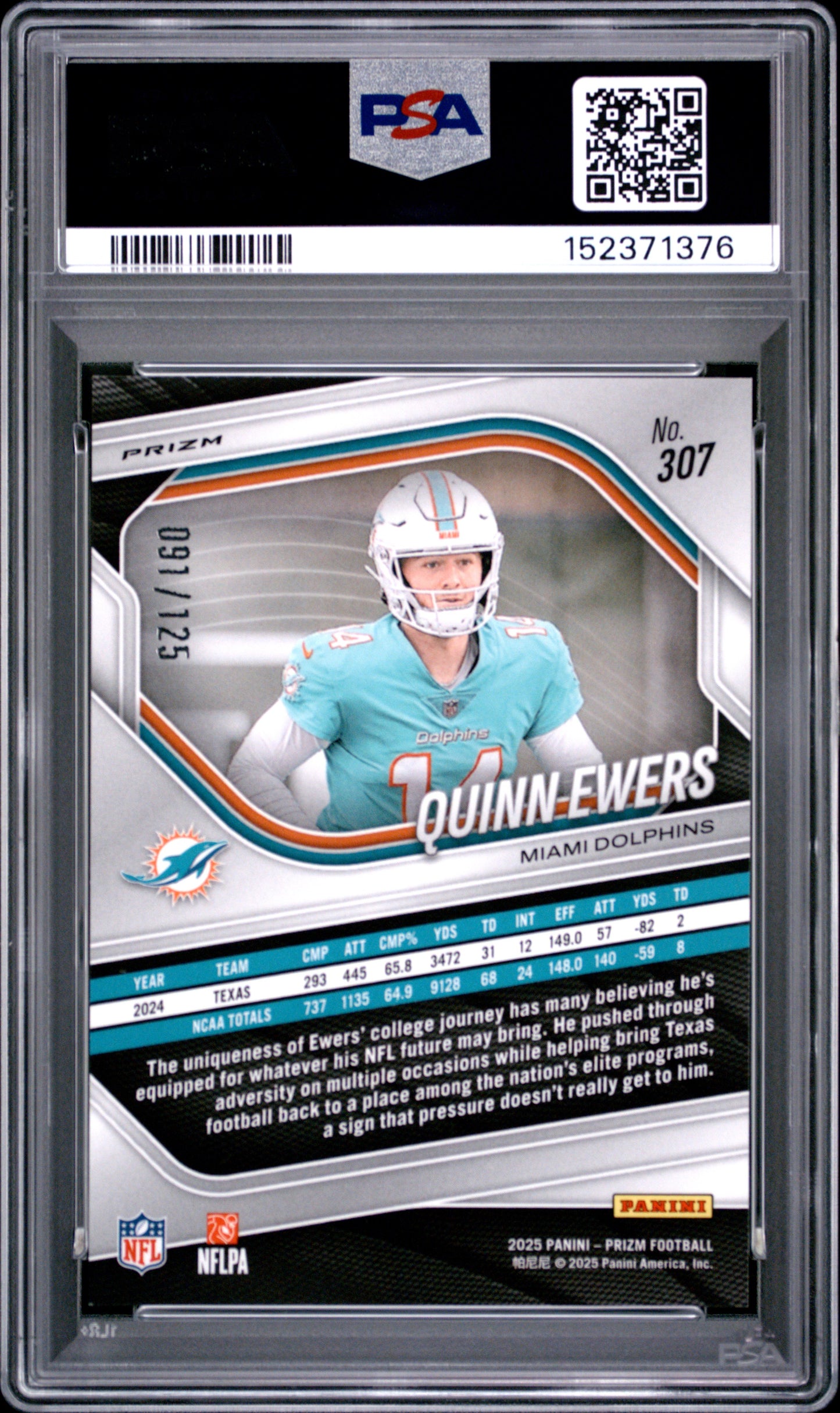 2025 Panini Prizm Quinn Ewers #307 Purple 091/125 PSA 10