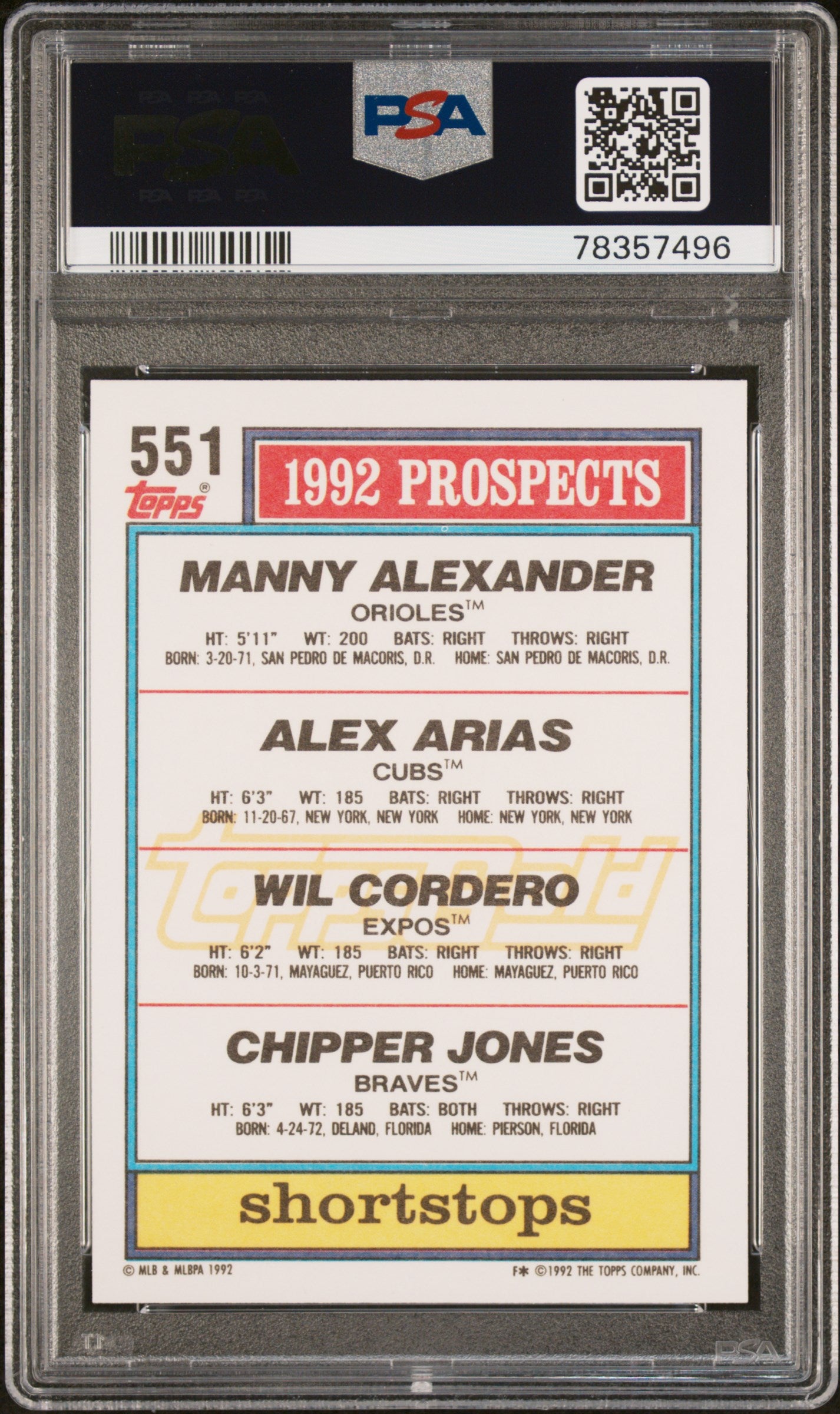 1992 Topps Gold W. Cordero A. Arias M. Alexander C. Jones #551 Shortstops PSA 10
