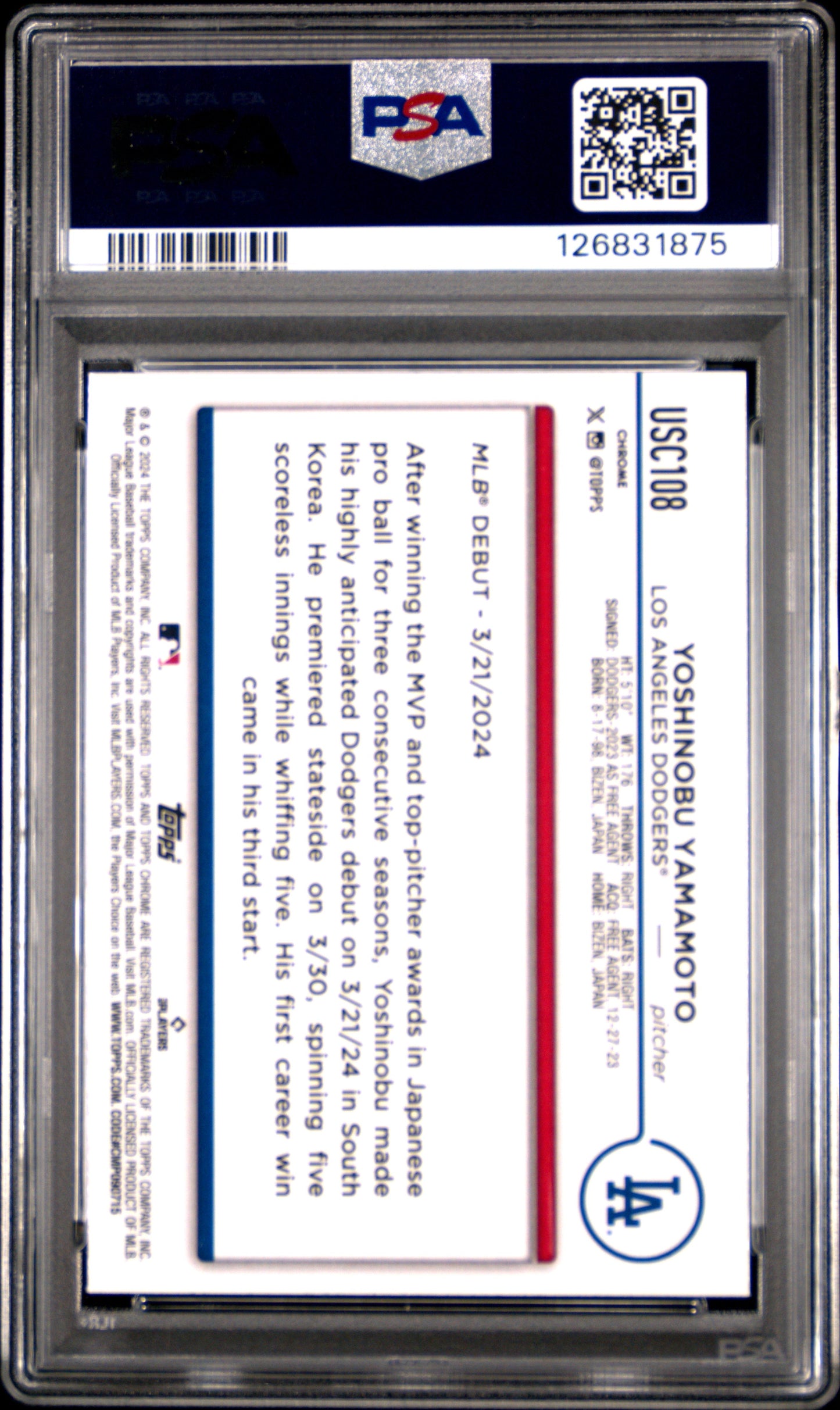 2024 Topps Chrome Update Yoshinobu Yamamoto #USC108 Magenta RC 253/399 PSA 10