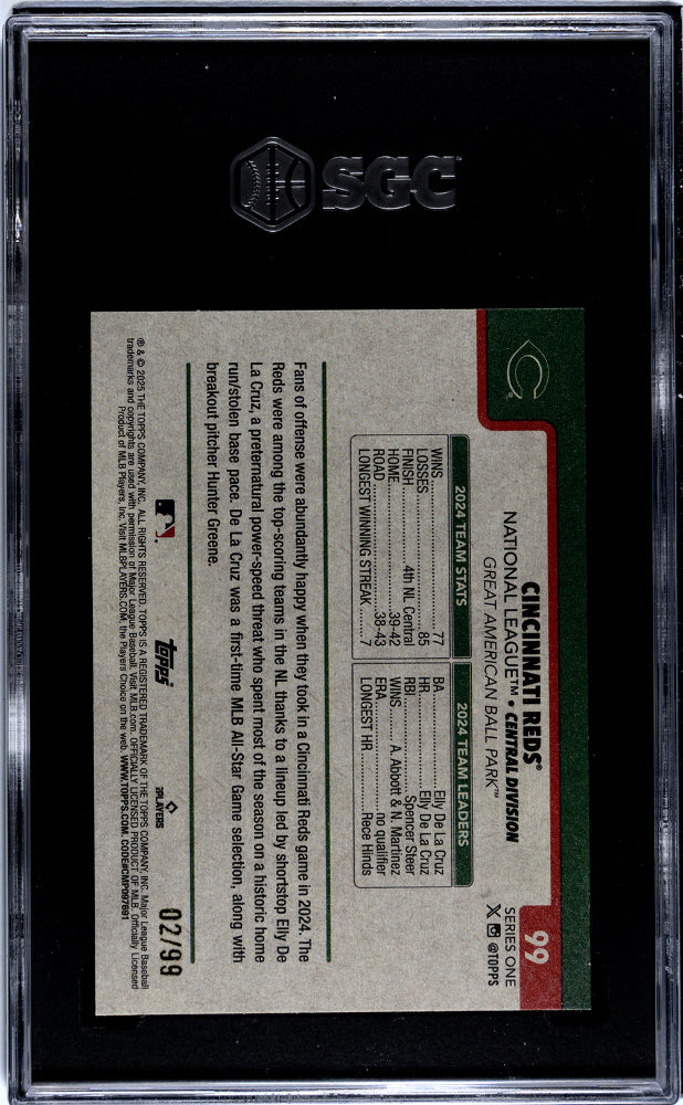 2025 Topps Cincinnati Reds #99 Vintage Stock Retro 2/99 SGC 10