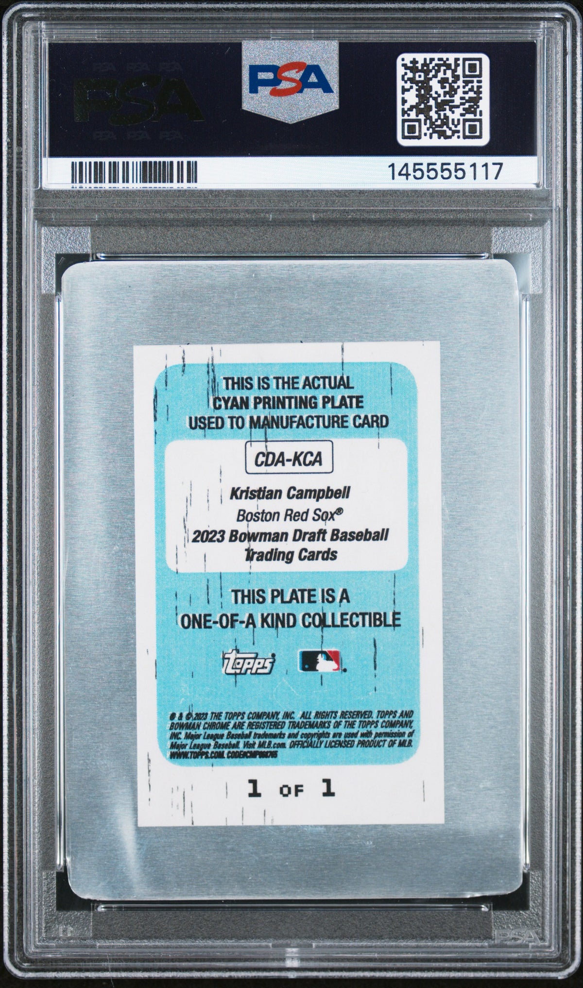 2023 Bowman Draft Chrome Prospect Auto Kristian Campbell Cyan Plate 1/1 PSA A