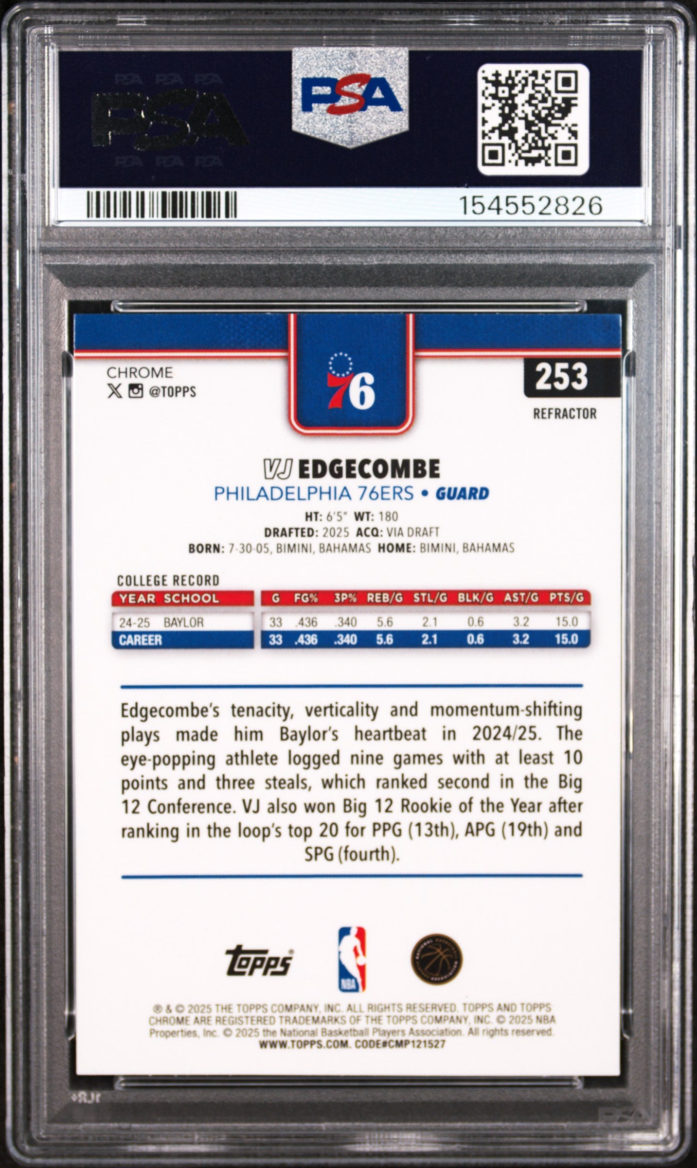 2025 Topps Chrome VJ Edgecombe #253 Refractor RC PSA 10