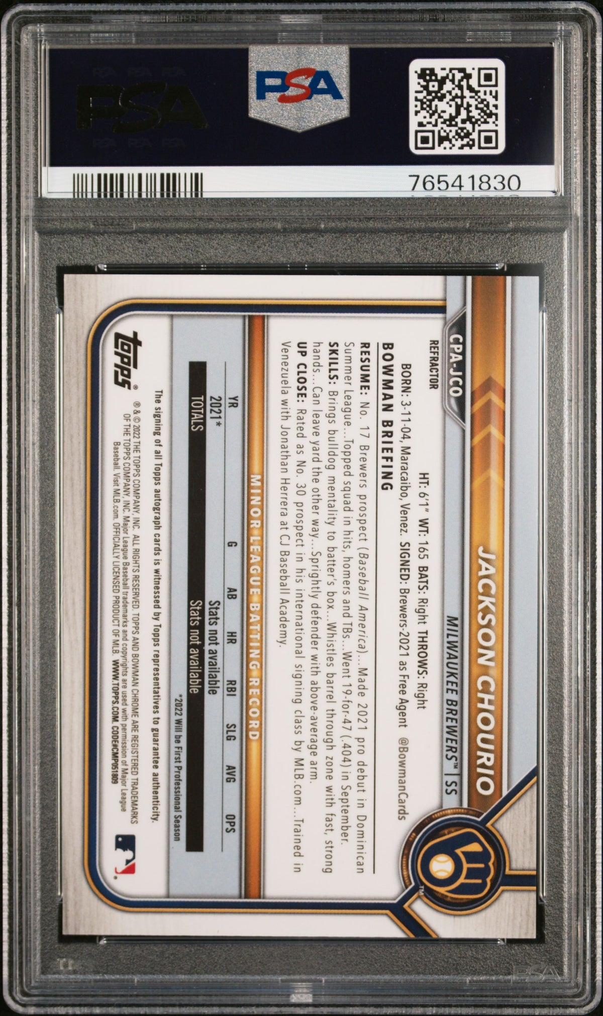 2022 Bowman Chrome Prospect Autos Jackson Chourio #JCO Refractor 071/499 PSA 9