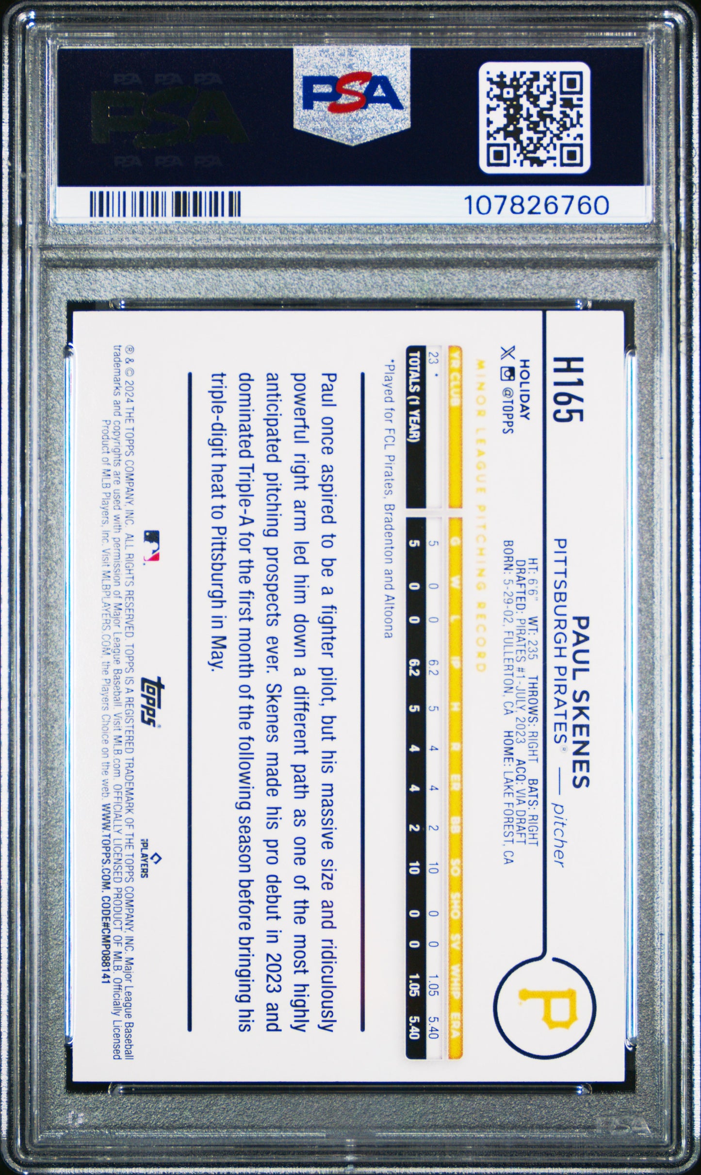 2024 Topps Holiday Paul Skenes #H165 Blue Metallic Tree RC PSA 10