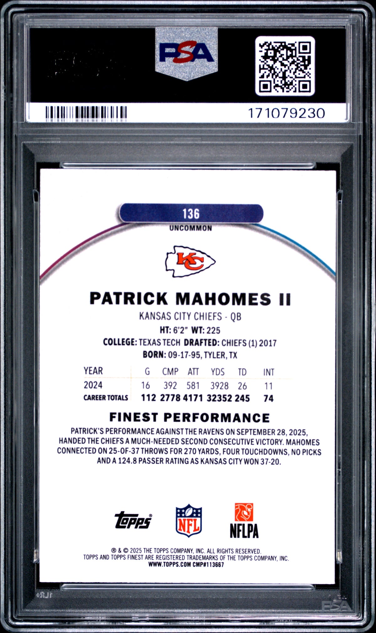 2025 Topps Finest Patrick Mahomes II #136 Blue Refractor 148/150 PSA 9