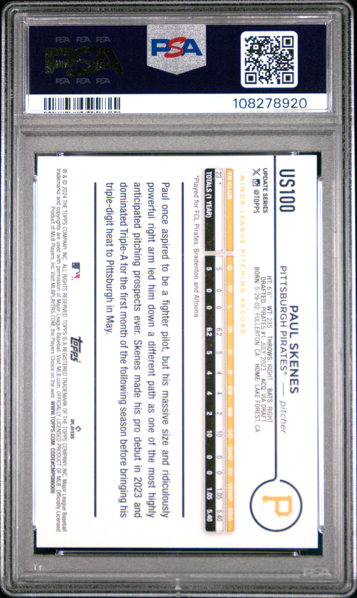 2024 Topps Update Paul Skenes #US100 RC PSA 10