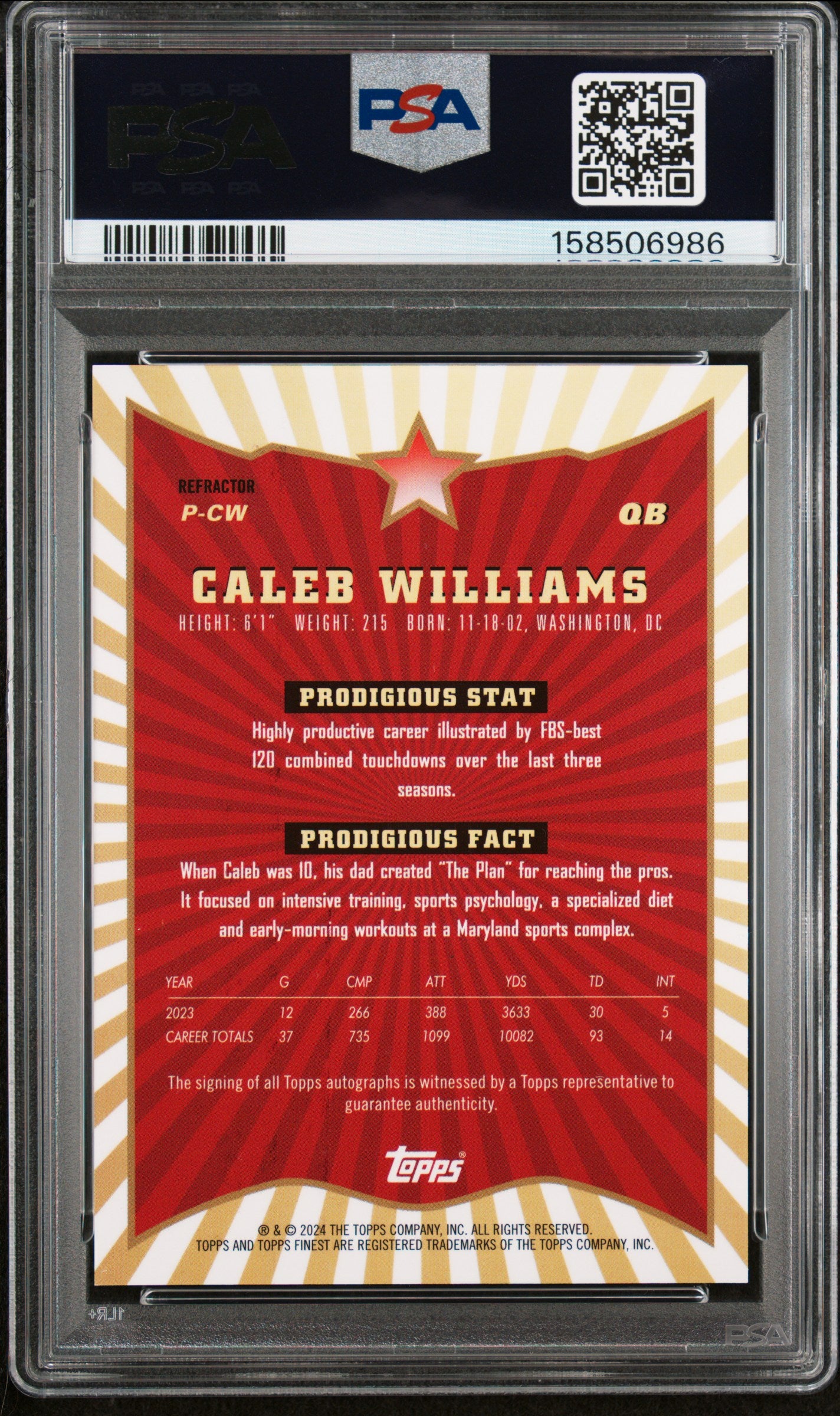2024 Topps Finest Prodigies Autographs Caleb Williams #PCW Refractor PSA 9