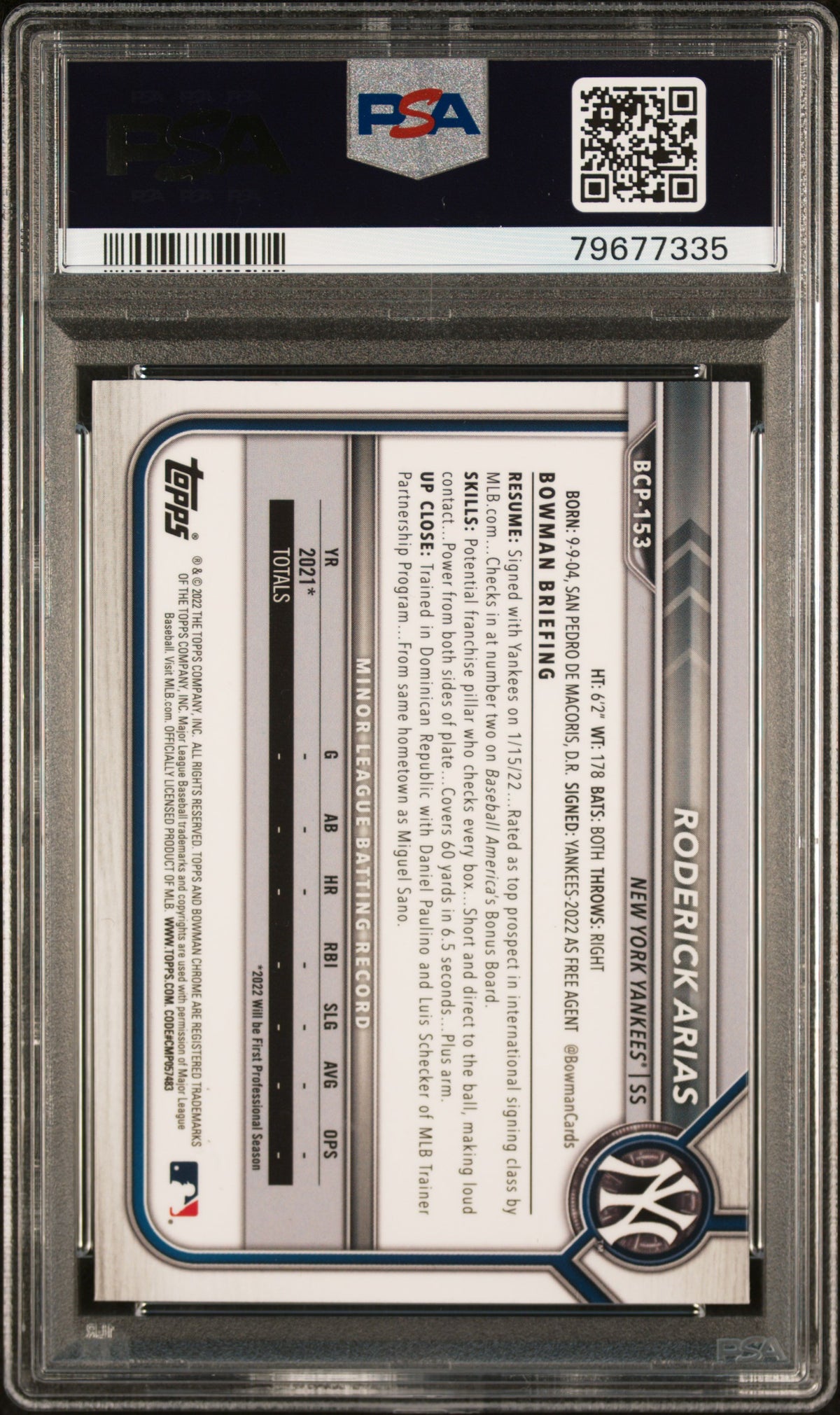 2022 Bowman Chrome Sapphire Edition Prospects Roderick Arias #BCP153 PSA 10