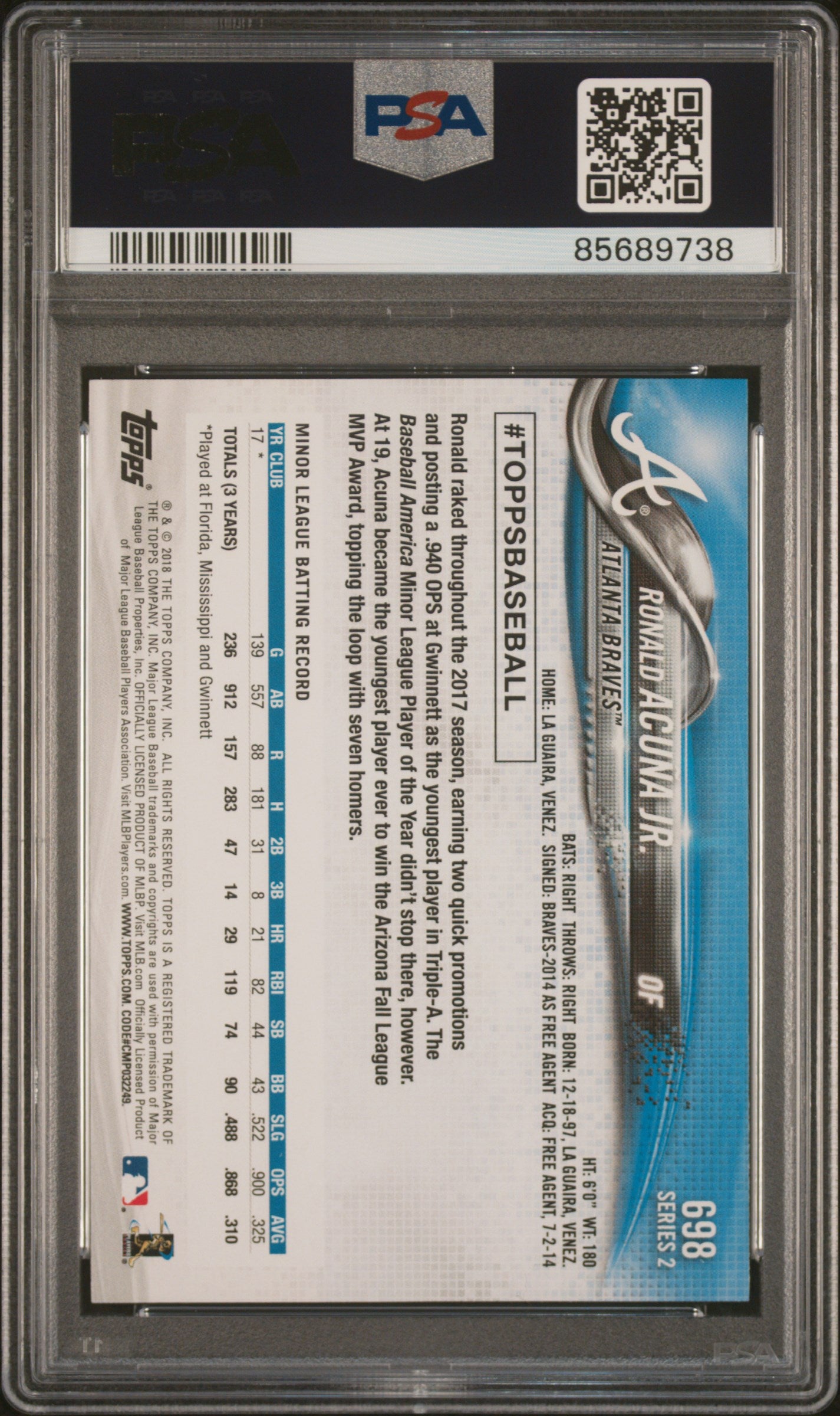 2018 Topps Complete Set Ronald Acuna Jr. #698 Bat Pointing Up RC PSA 10