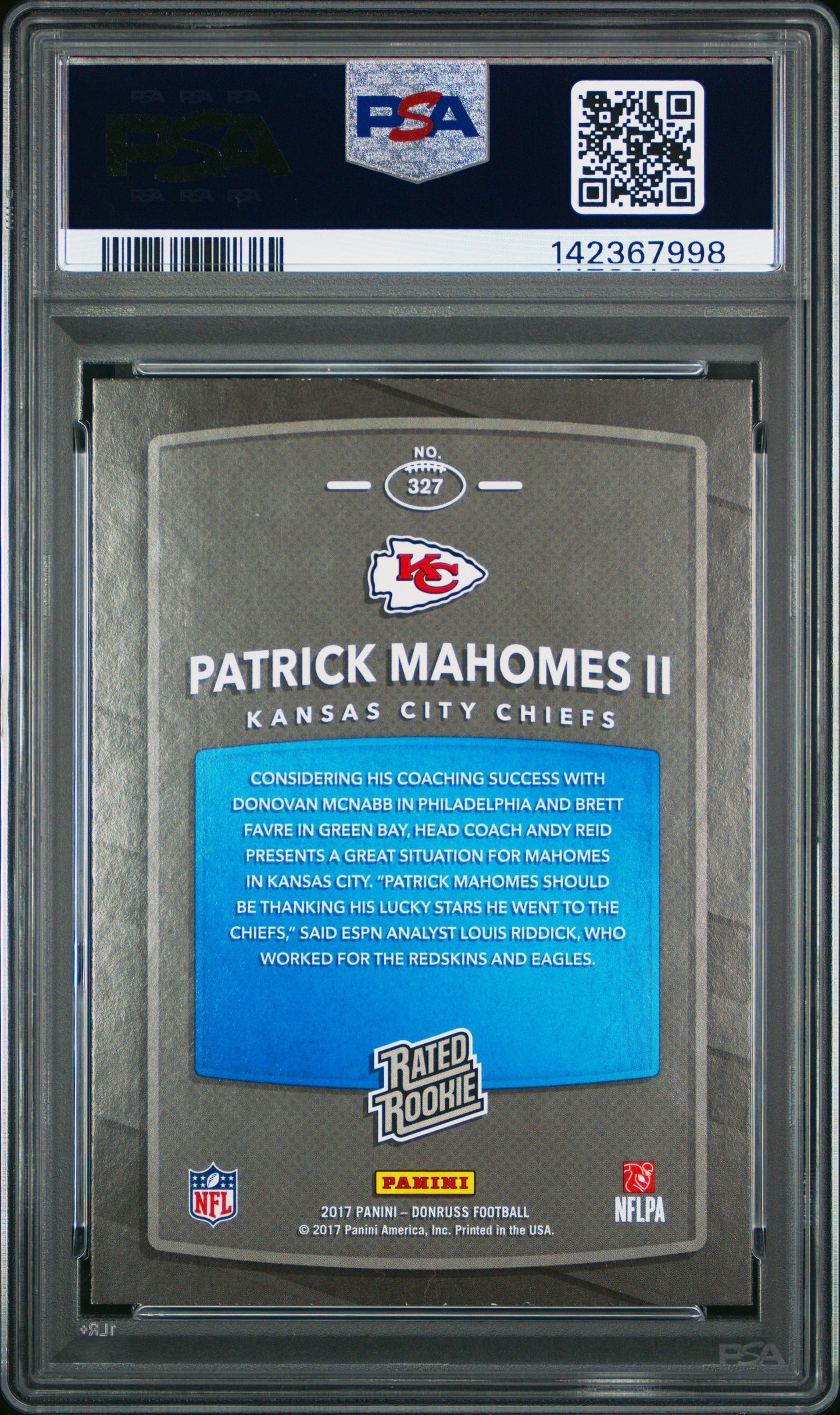 2017 Panini Donruss Rated Rookie Patrick Mahomes II #327 PSA 7