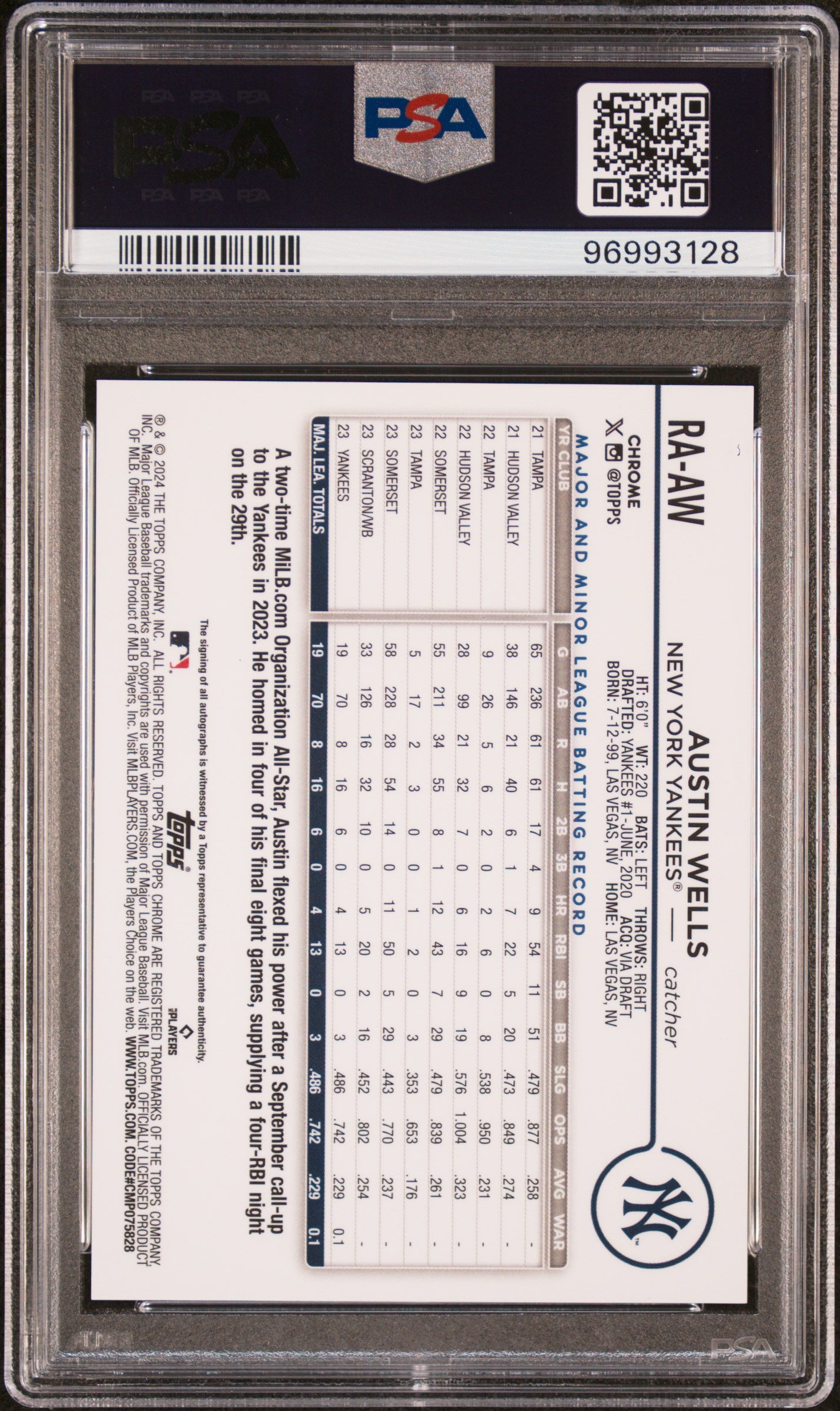 2024 Topps Chrome Rookie Auto Austin Wells #RAAW Blue Raywave 08/750 PSA 10