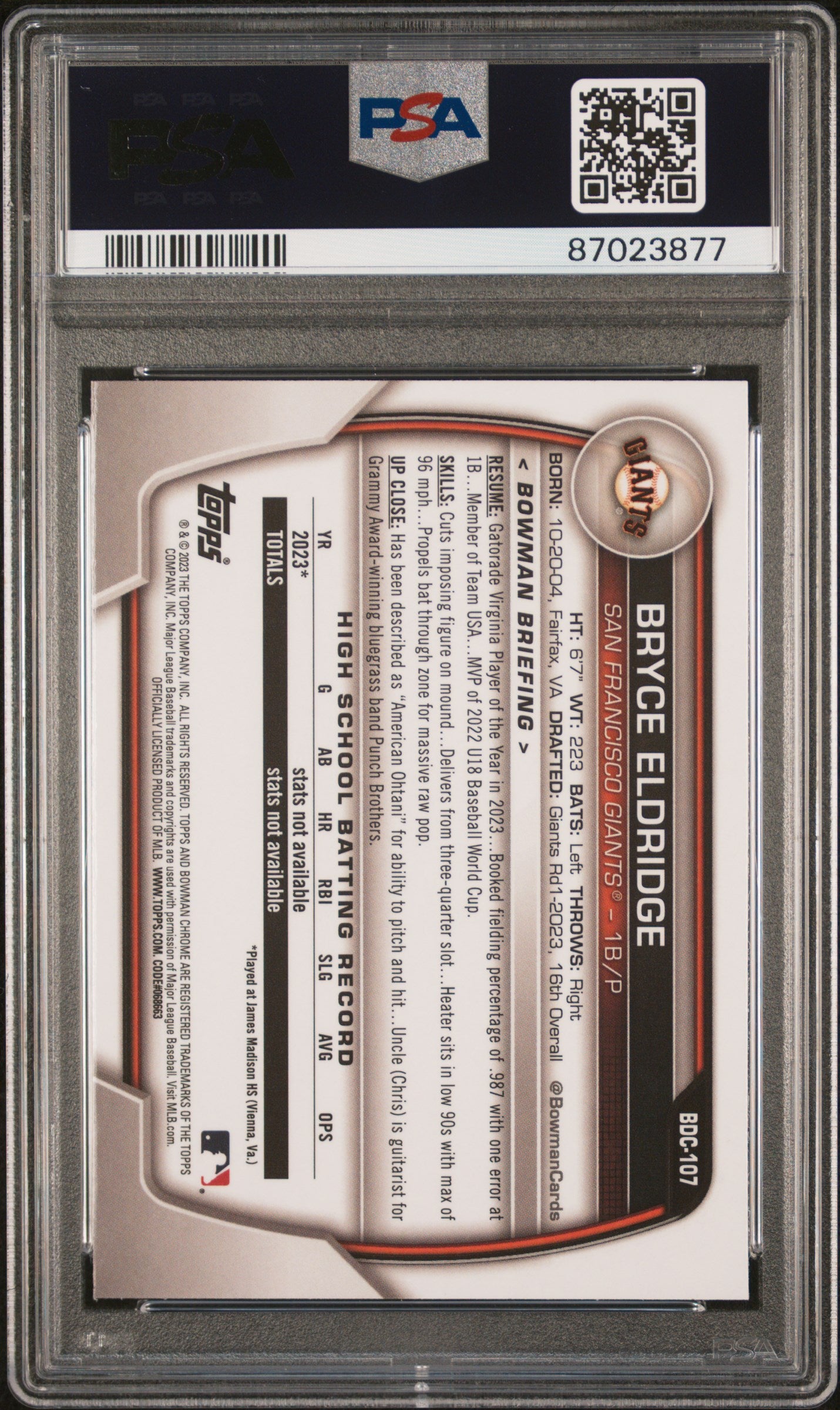 2023 Bowman Draft Bryce Eldridge #BDC107 Chrome 1st Bowman PSA 10