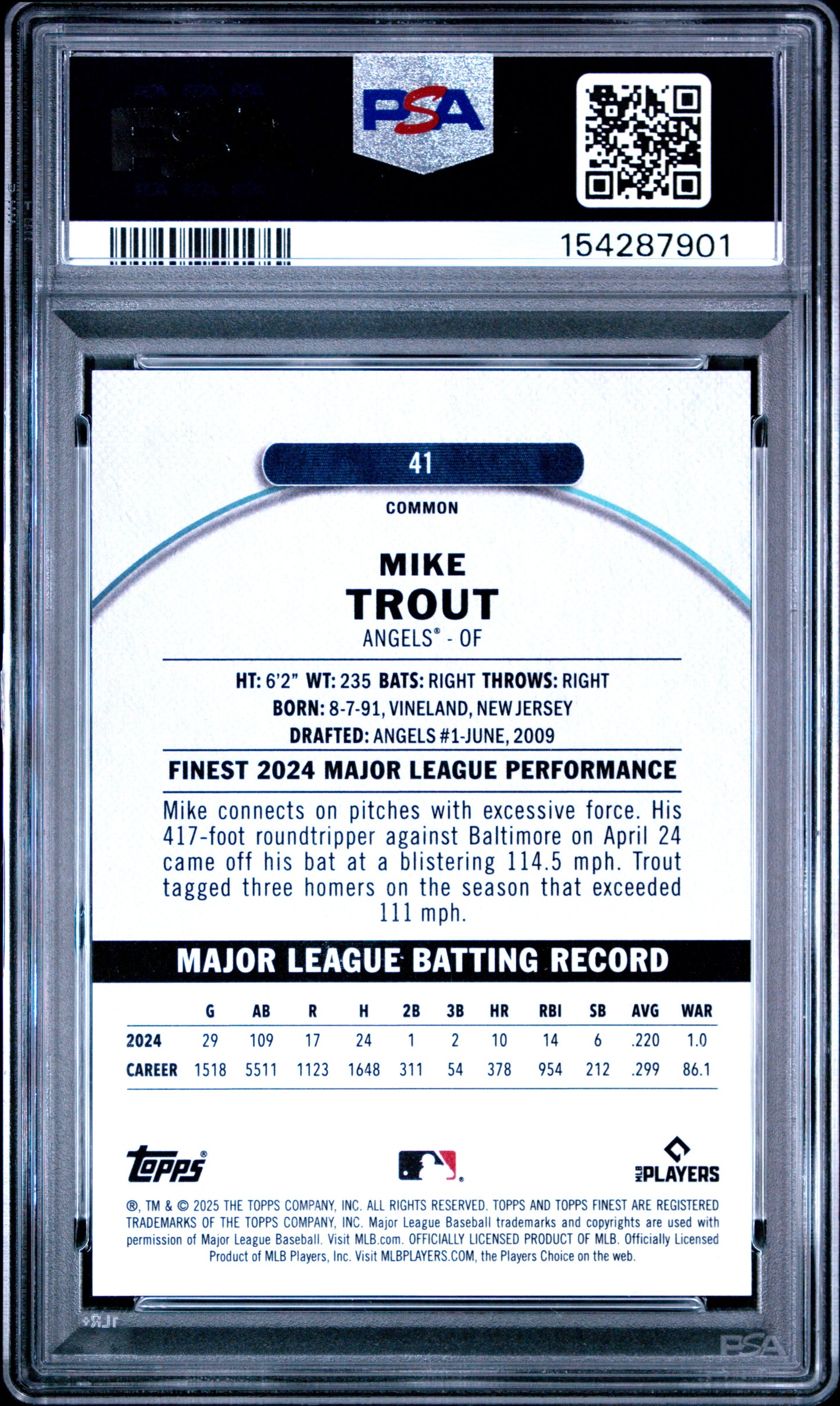 2025 Topps Finest Mike Trout #41 Gold Refractor 42/50 PSA 10