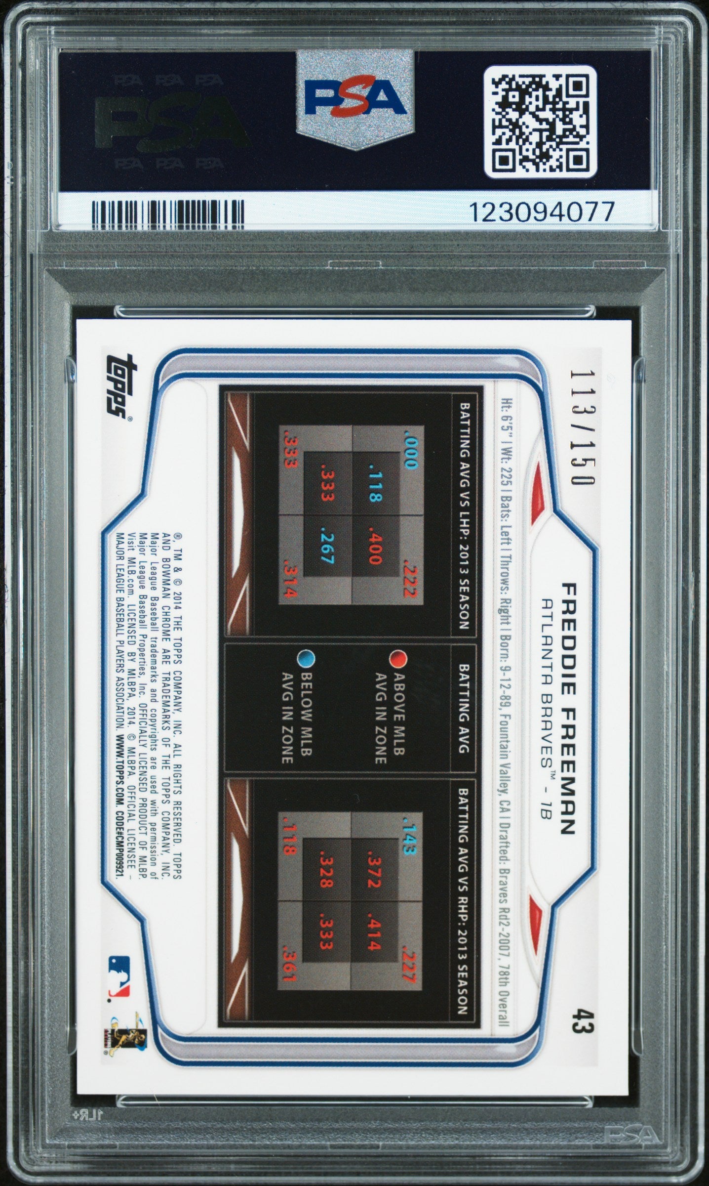 2014 Bowman Chrome Freddie Freeman #43 Purple Refractor 113/150 PSA 9