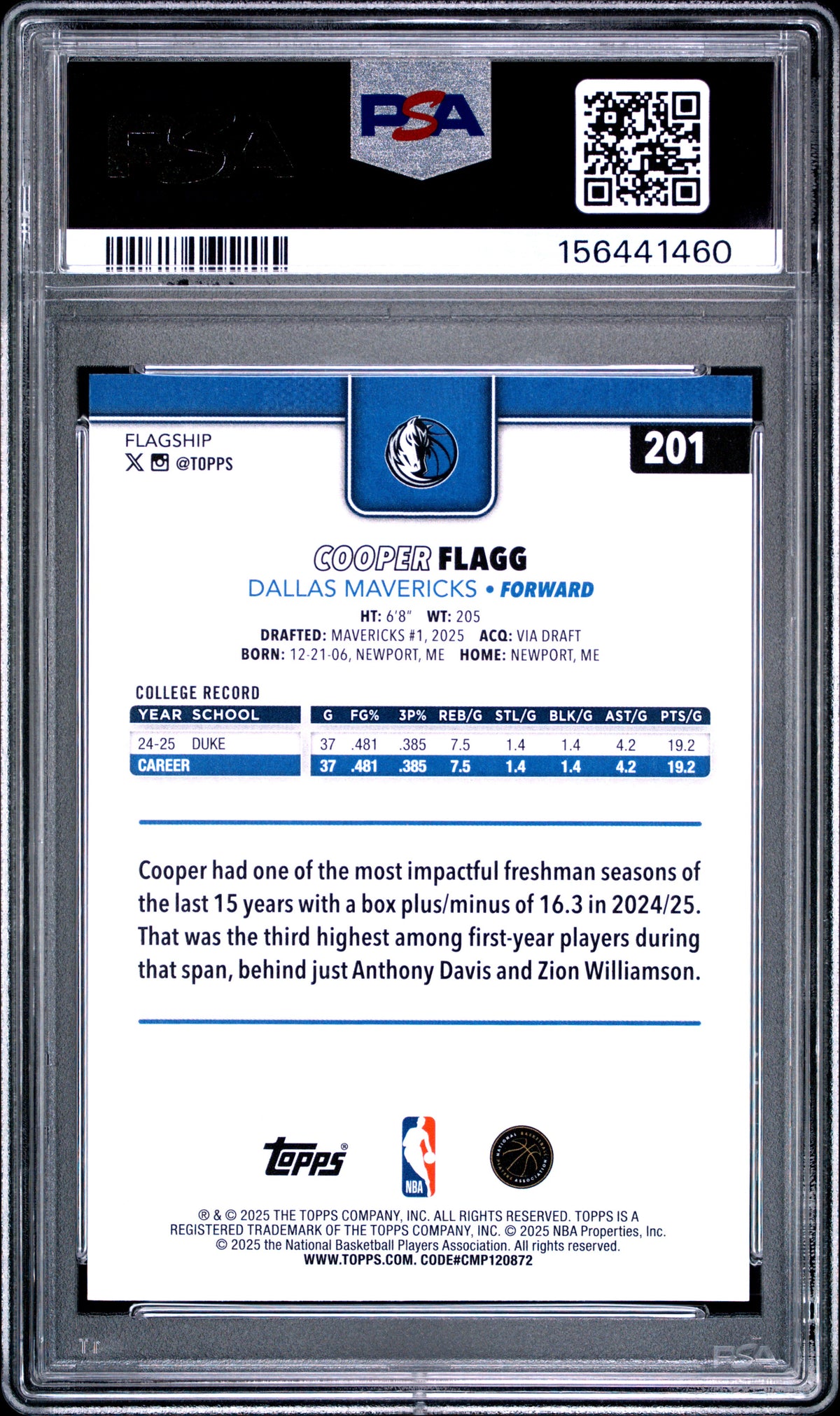 2025 Topps Cooper Flagg #201 PSA 10