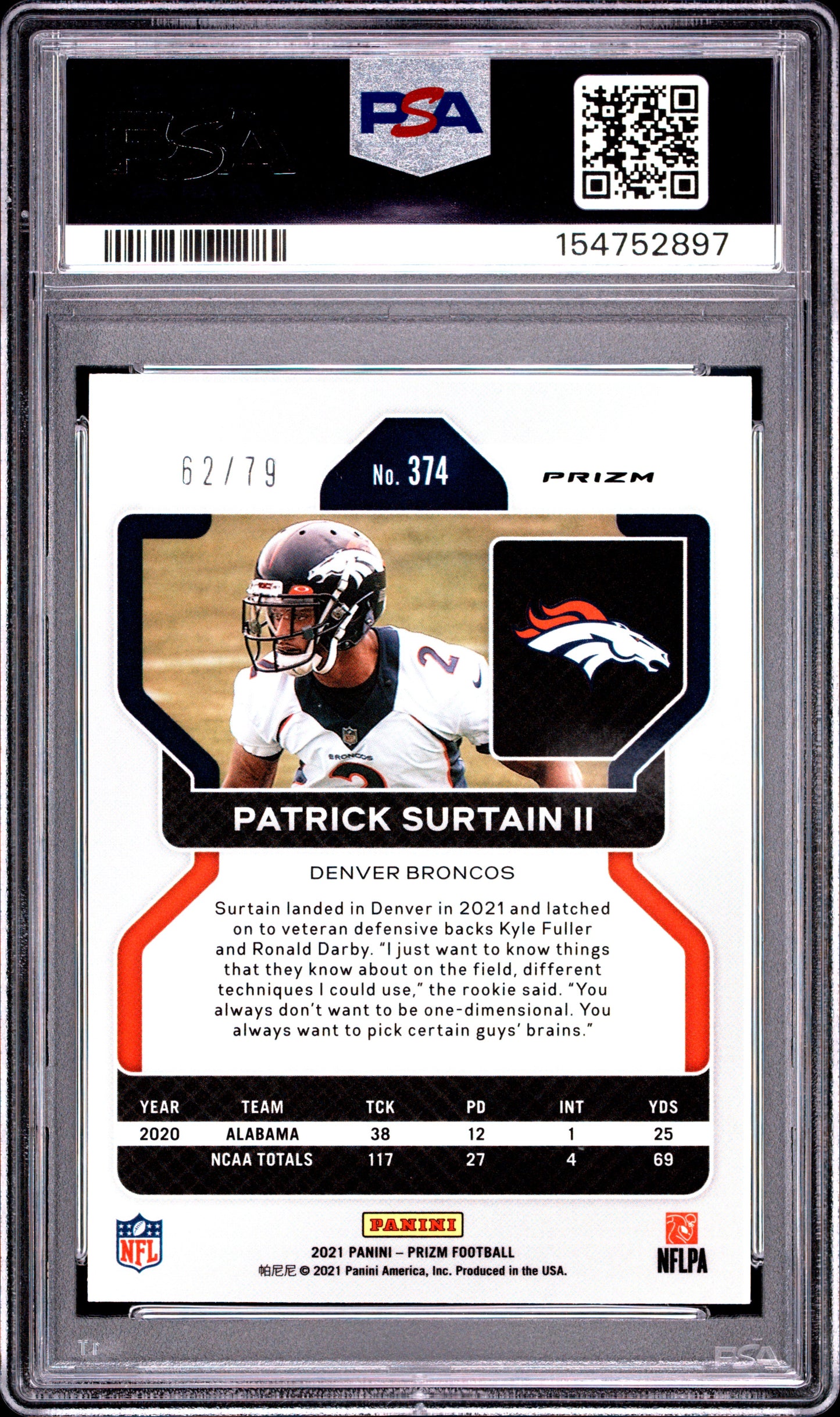 2021 Panini Prizm Patrick Surtain II #374 No Huddle Blue PSA 9