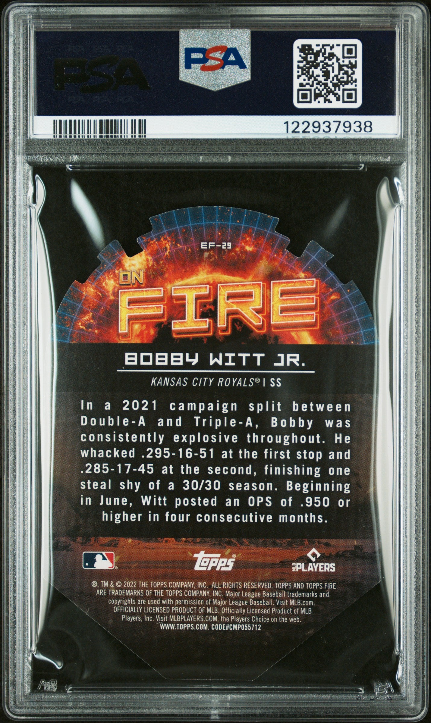 2022 Topps Fire On Fire Bobby Witt Jr. #EF29 Die Cut PSA 9