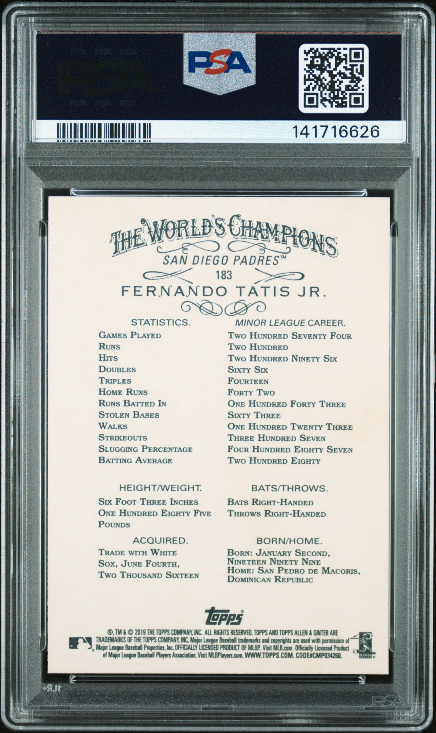 2019 Topps Allen & Ginter Fernando Tatis Jr. #183 RC PSA 10