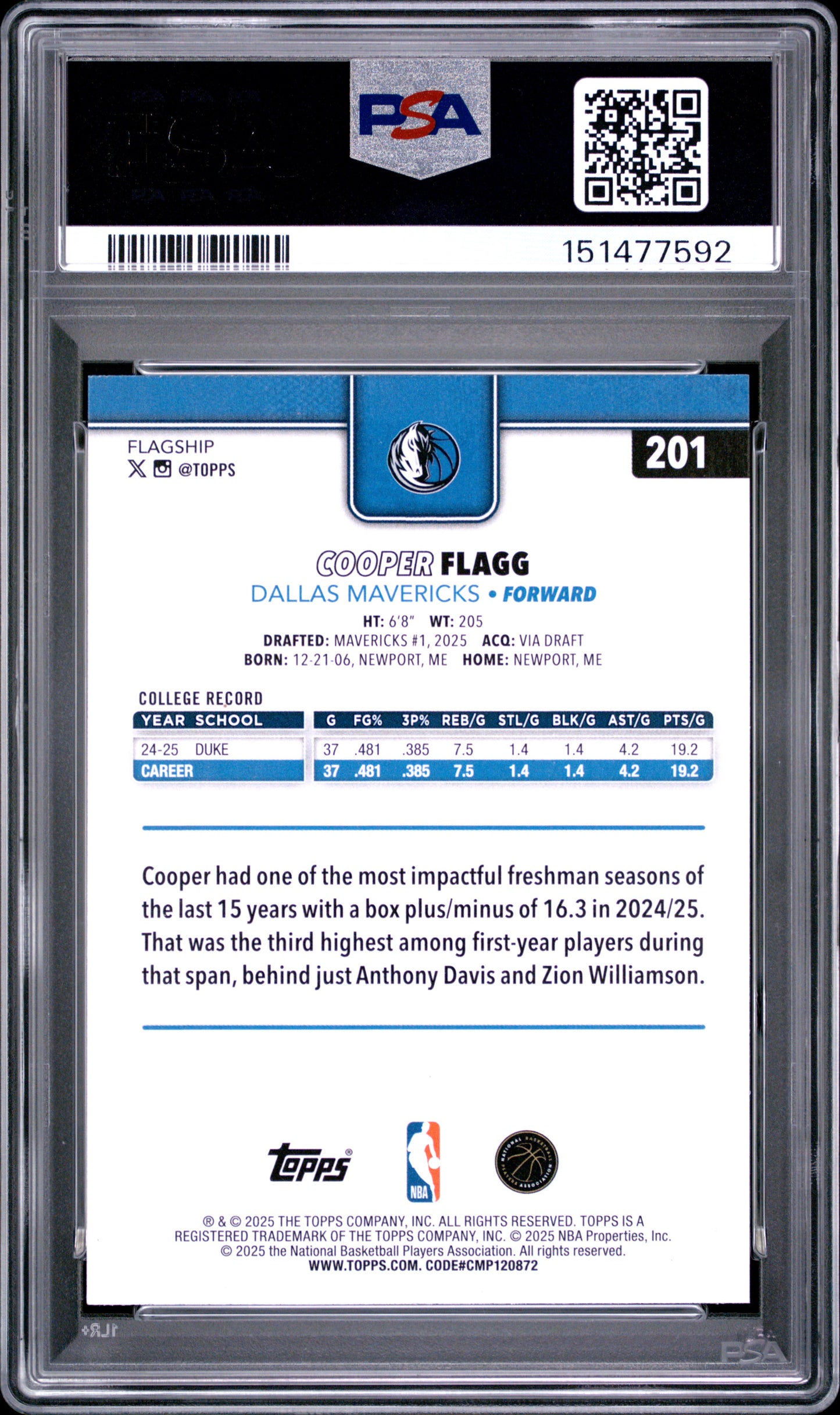 2025 Topps Cooper Flagg #201 RC PSA 10