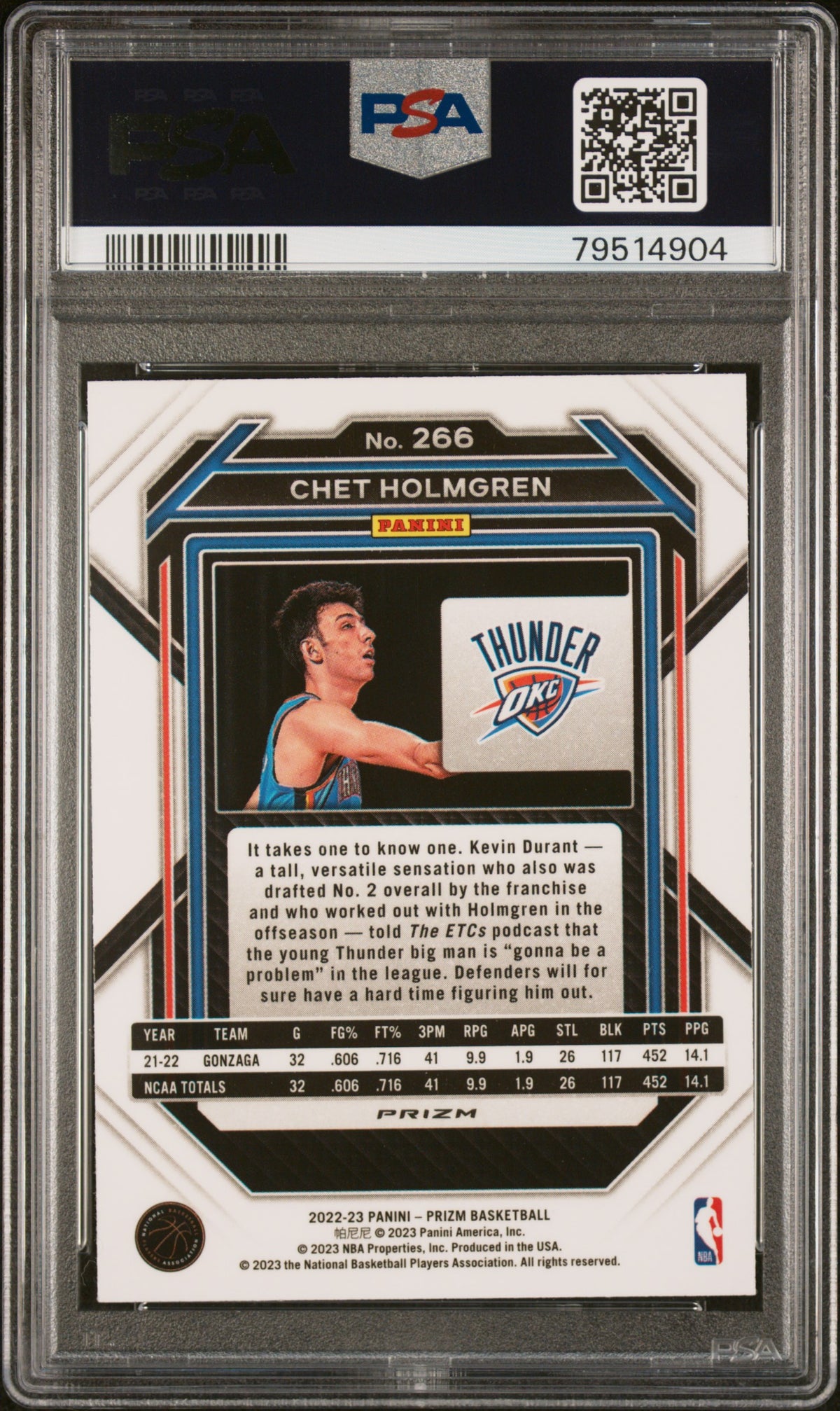 2022 Panini Prizm Chet Holmgren #266 Silver RC PSA 10