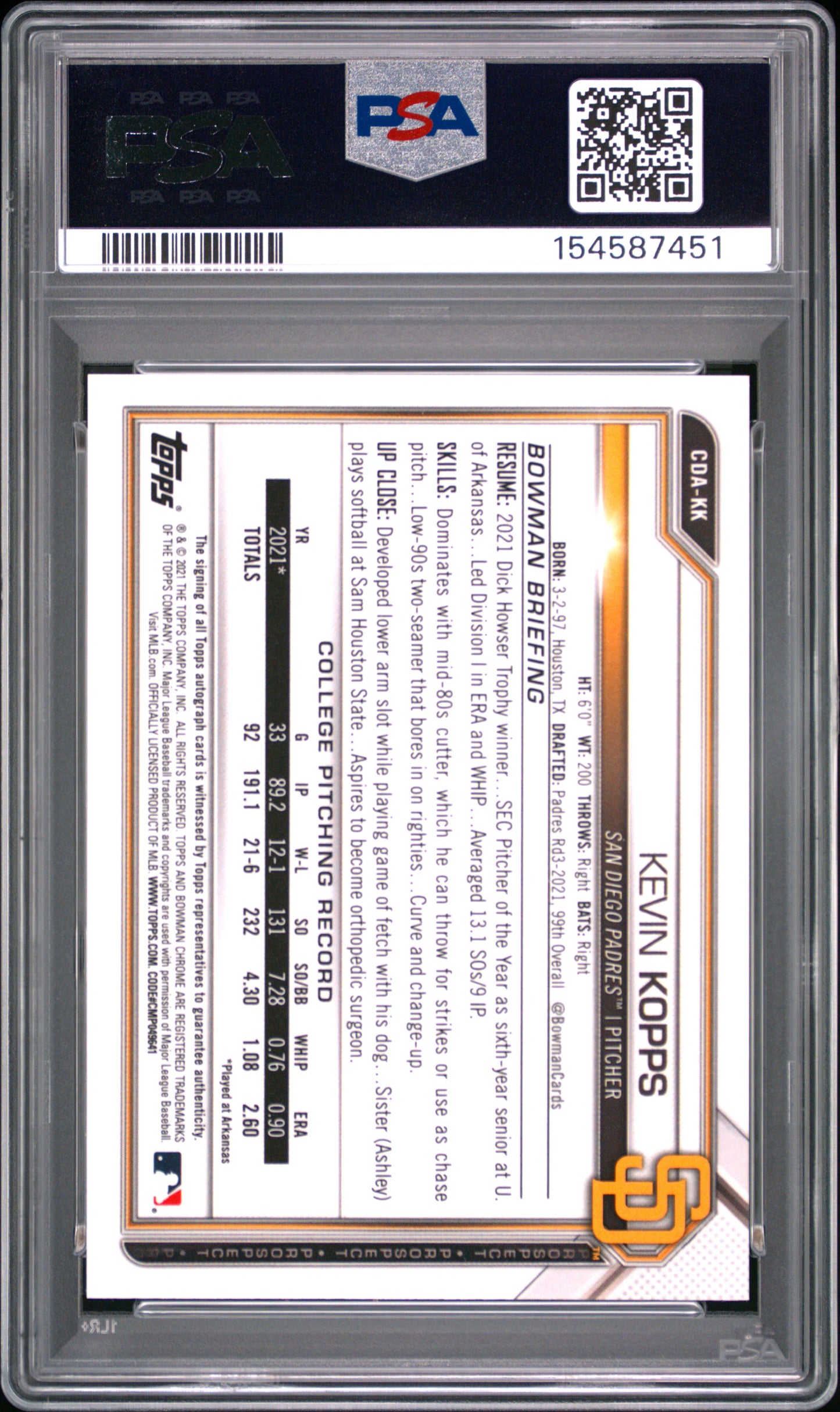2021 Bowman Draft Pick Autographs Kevin Kopps #CDAKK Purple Ref. 034/250 PSA 10