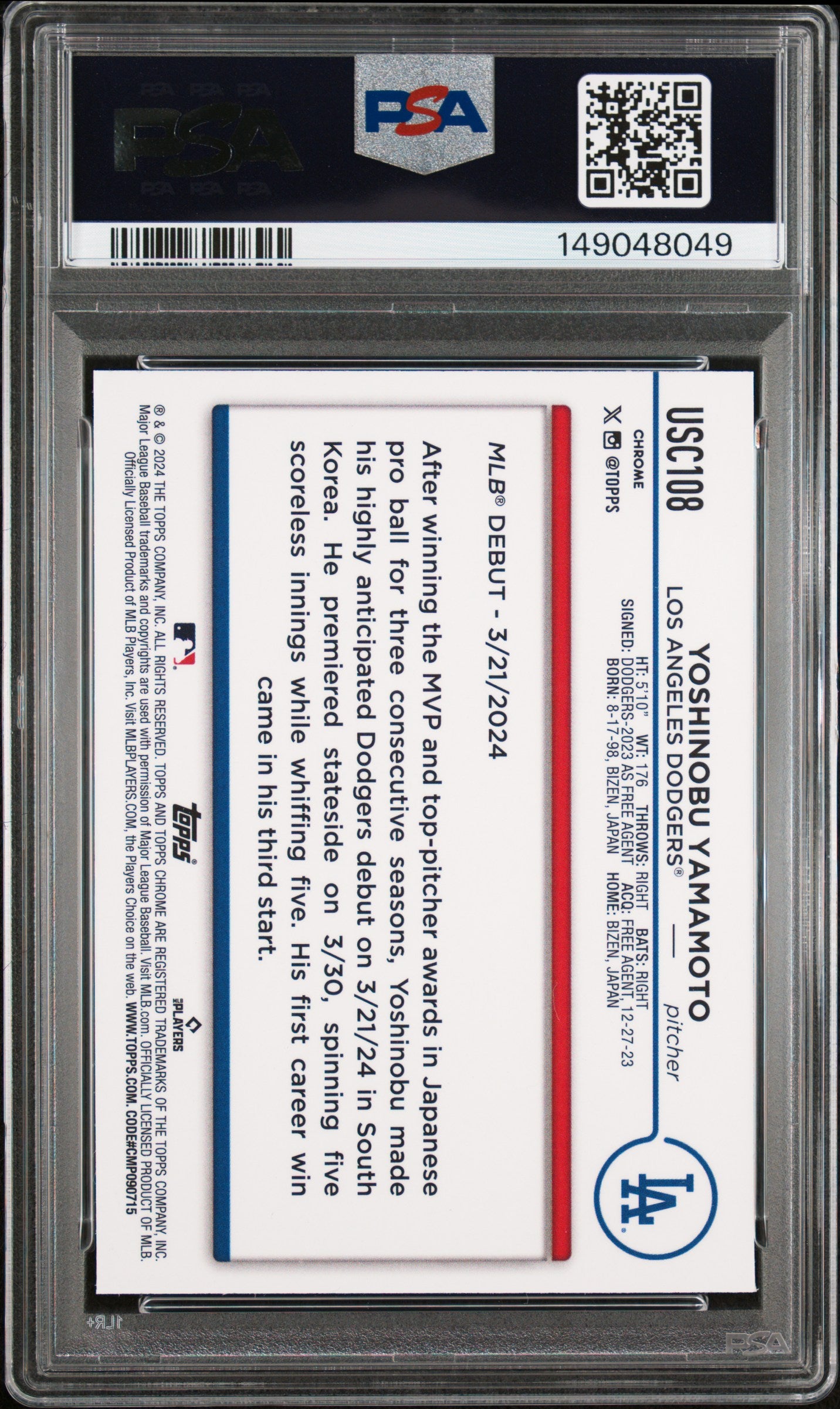 2024 Topps Chrome Update Yoshinobu Yamamoto #USC108 Raywave Refractor PSA 9