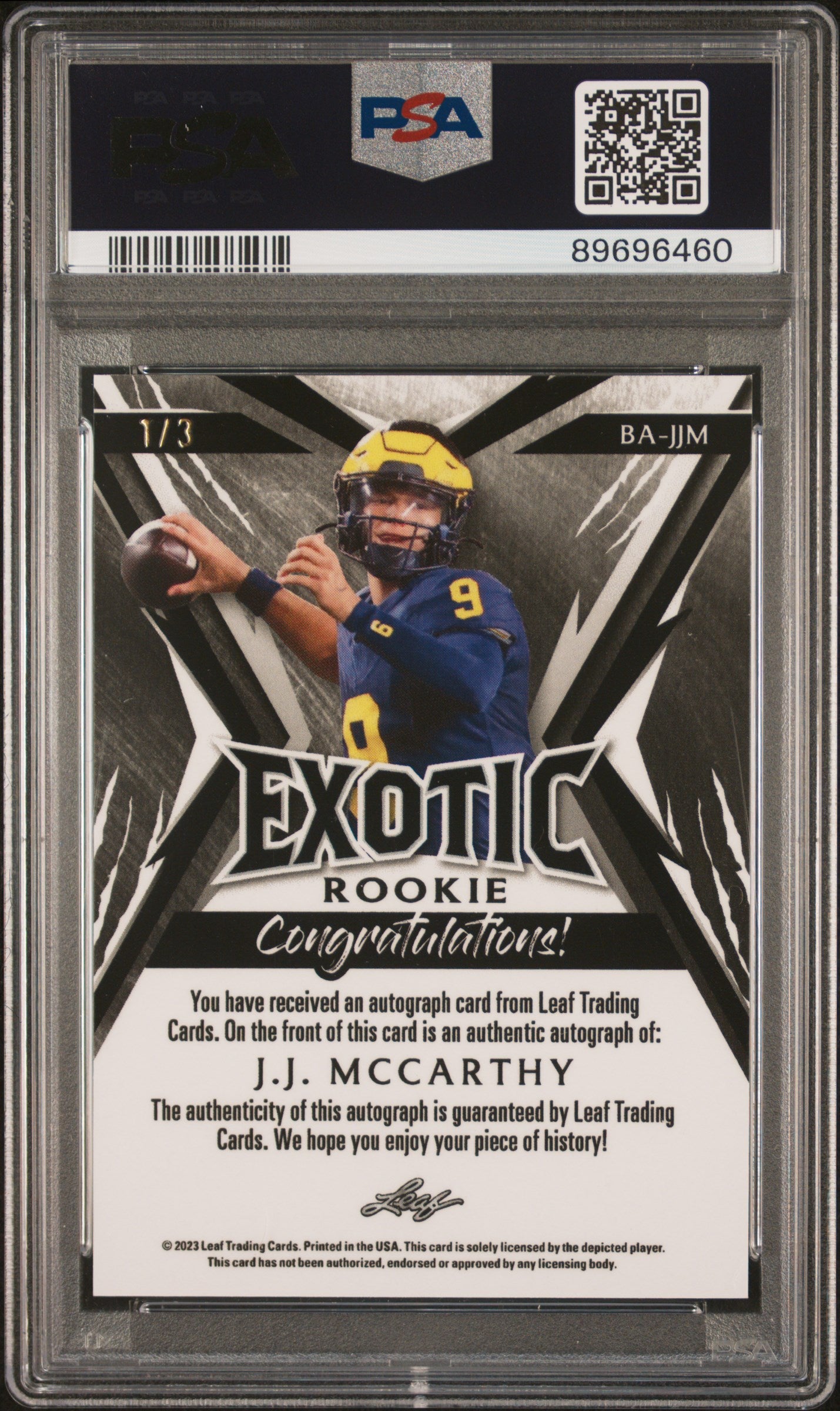 2023 Leaf Exotic Autograph JJ Mccarthy #BAJJM Peacock Crystal PSA 10