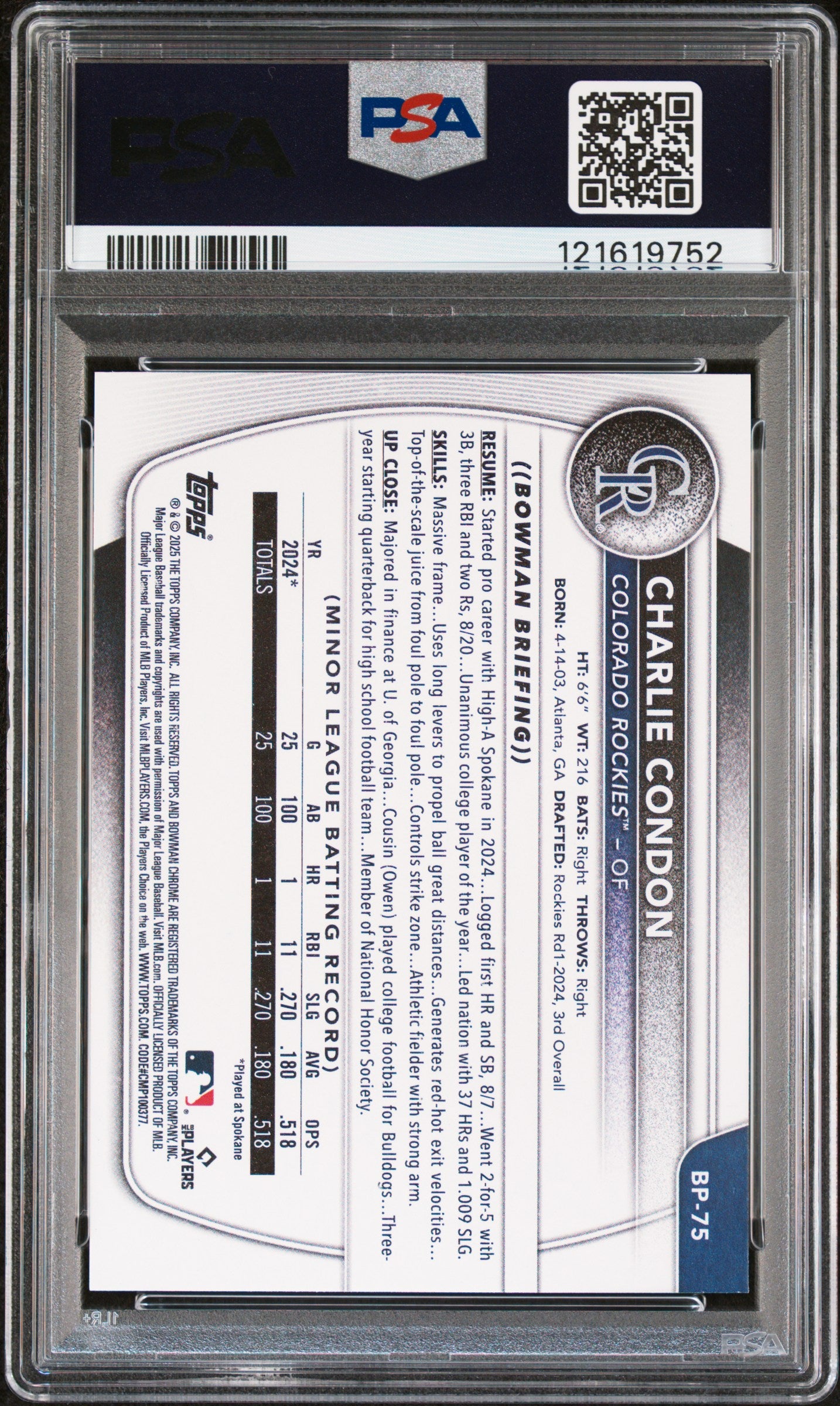 2025 Bowman Prospects Charlie Condon #BP-75 1st Bowman PSA 10