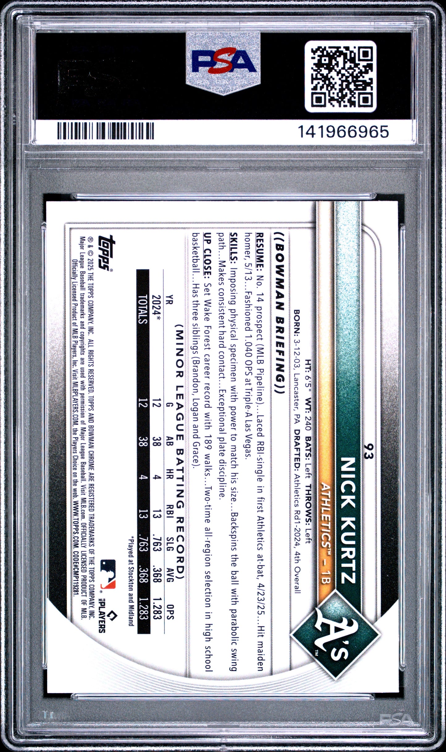 2025 Bowman Chrome Nick Kurtz #93 Red Rookie Redemption PSA 10