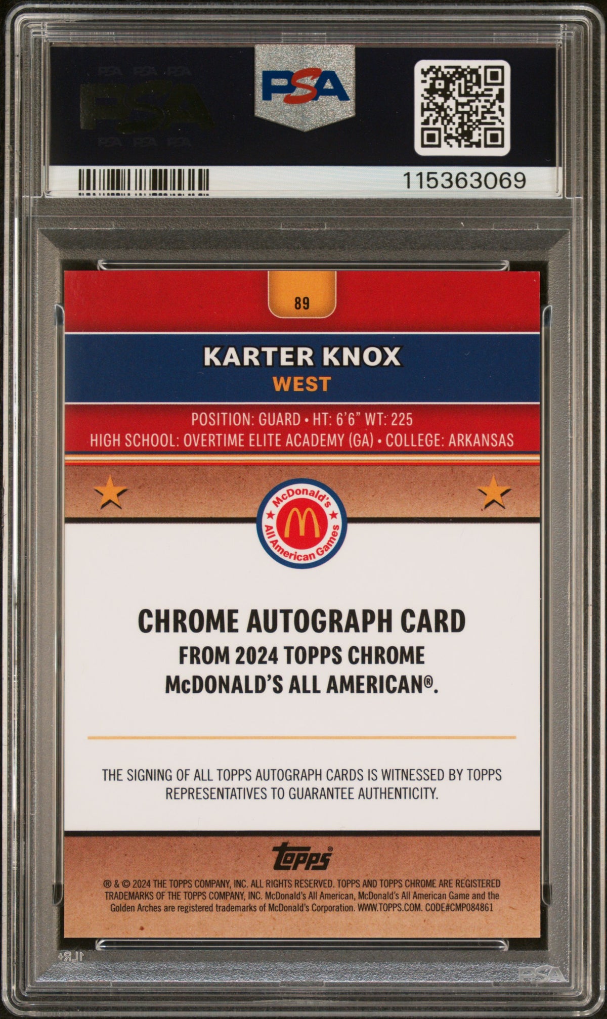 2024 Topps Chrome McDonalds Karter Knox #89 Autograph Black 01/10 PSA 10 Auto 10