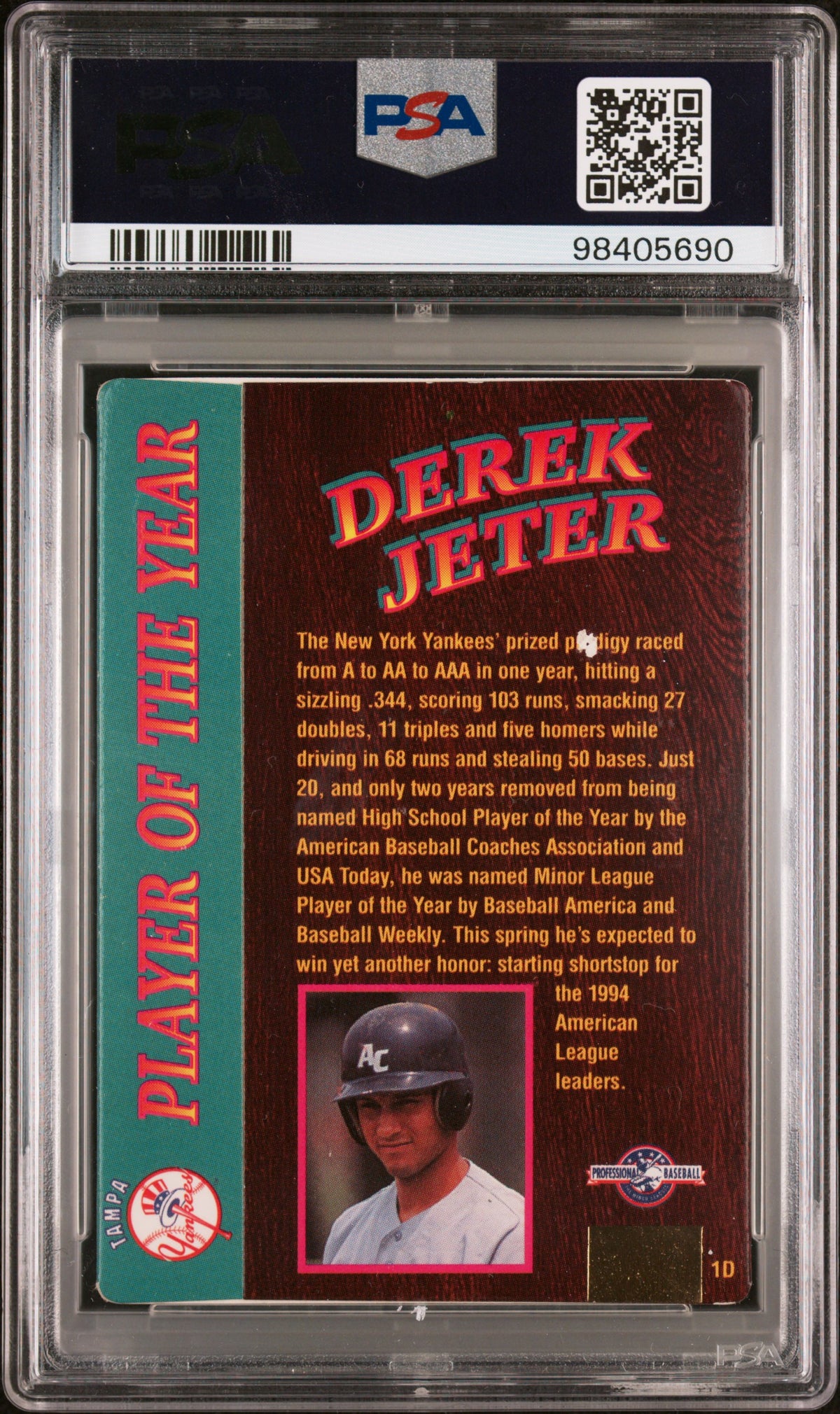1995 Action Packed POY Derek Jeter #1D 24kt Gold Autograph PSA A Auto A