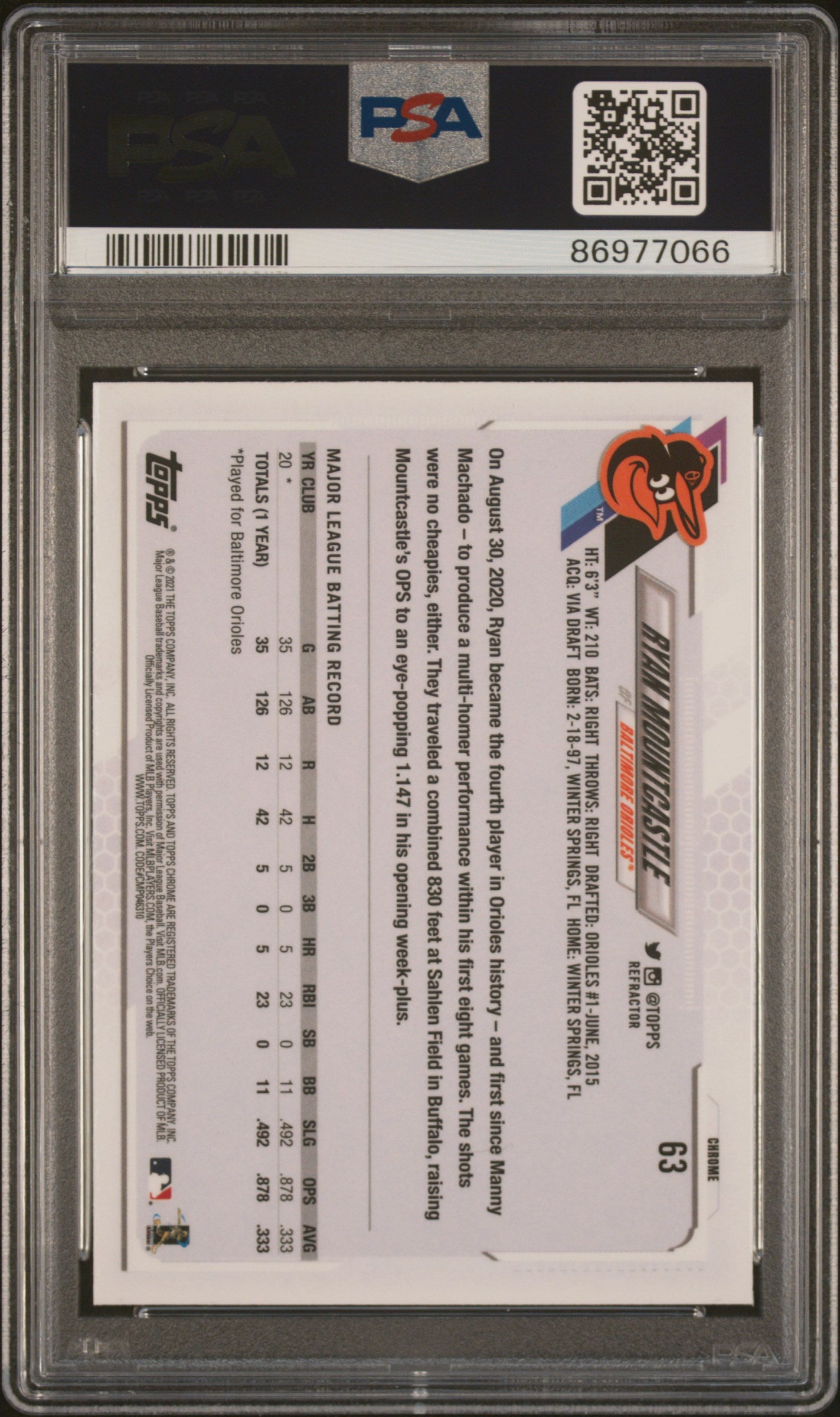 2021 Topps Chrome Ryan Mountcastle #63 Refractor PSA 10