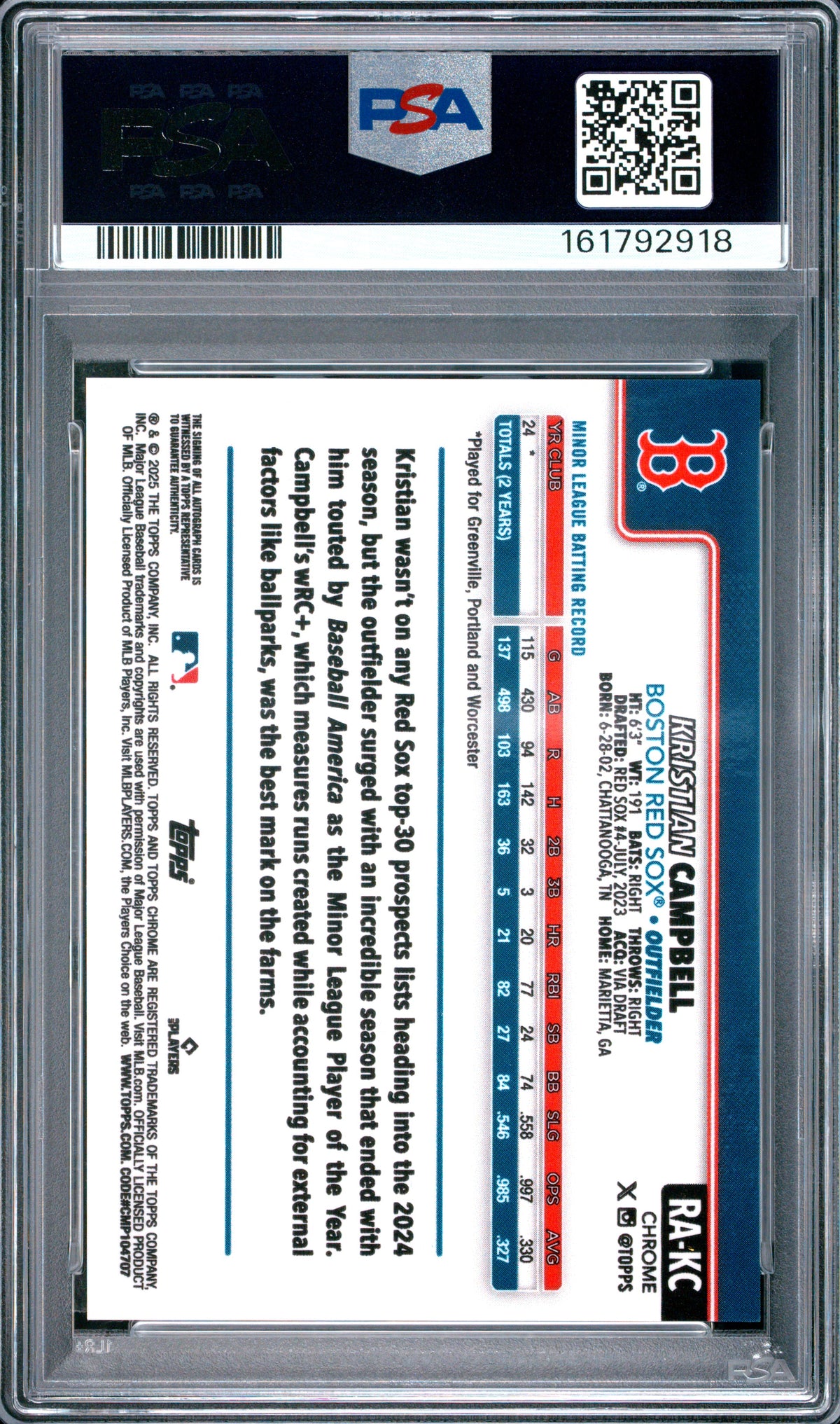 2025 Topps Chrome Rookie Auto Kristian Campbell #KC Green Lava Lamp 94/175 PSA 9